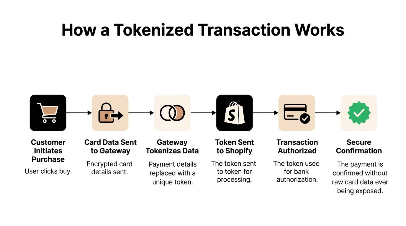 A diagram illustrating the six-step secure tokenization process for online payment transactions on the Shopify platform.