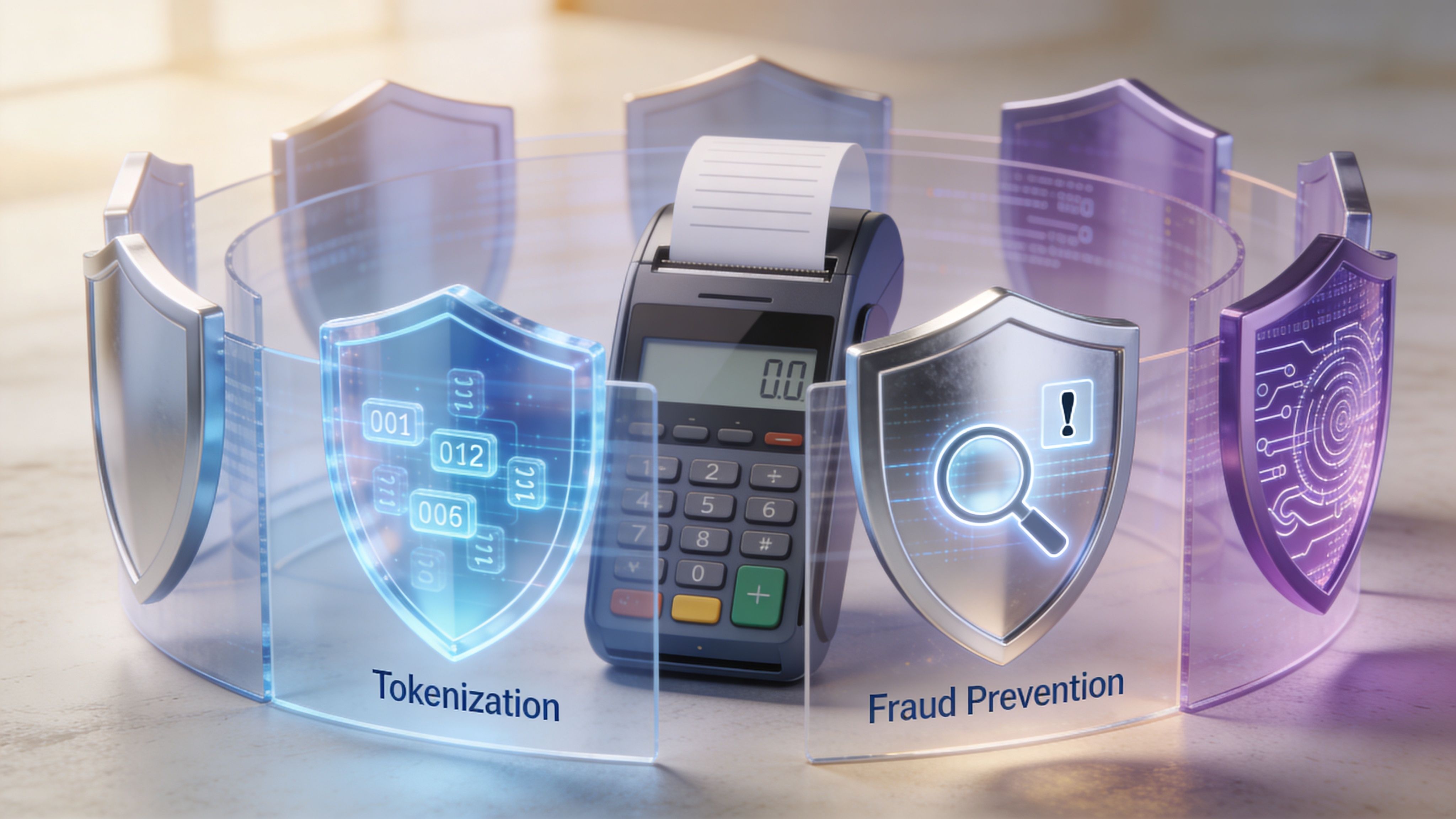 A payment terminal surrounded by digital security shields representing tokenization and fraud prevention in financial transactions.