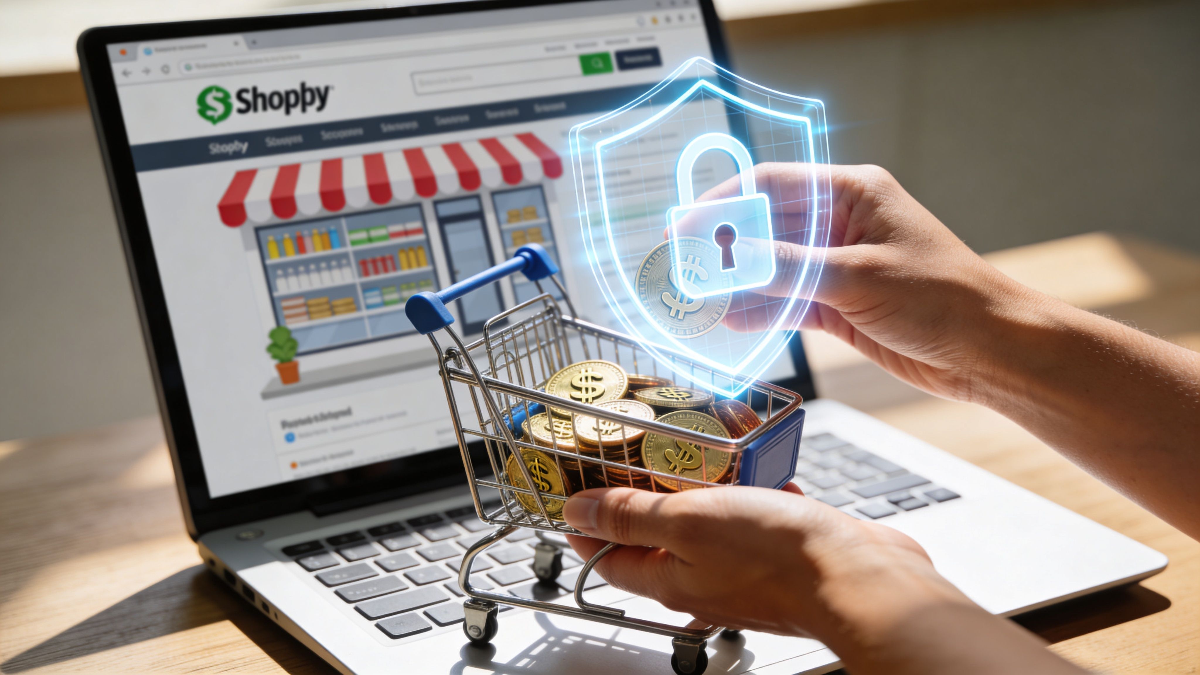 A person placing a virtual security shield with a padlock icon over a shopping cart of coins.