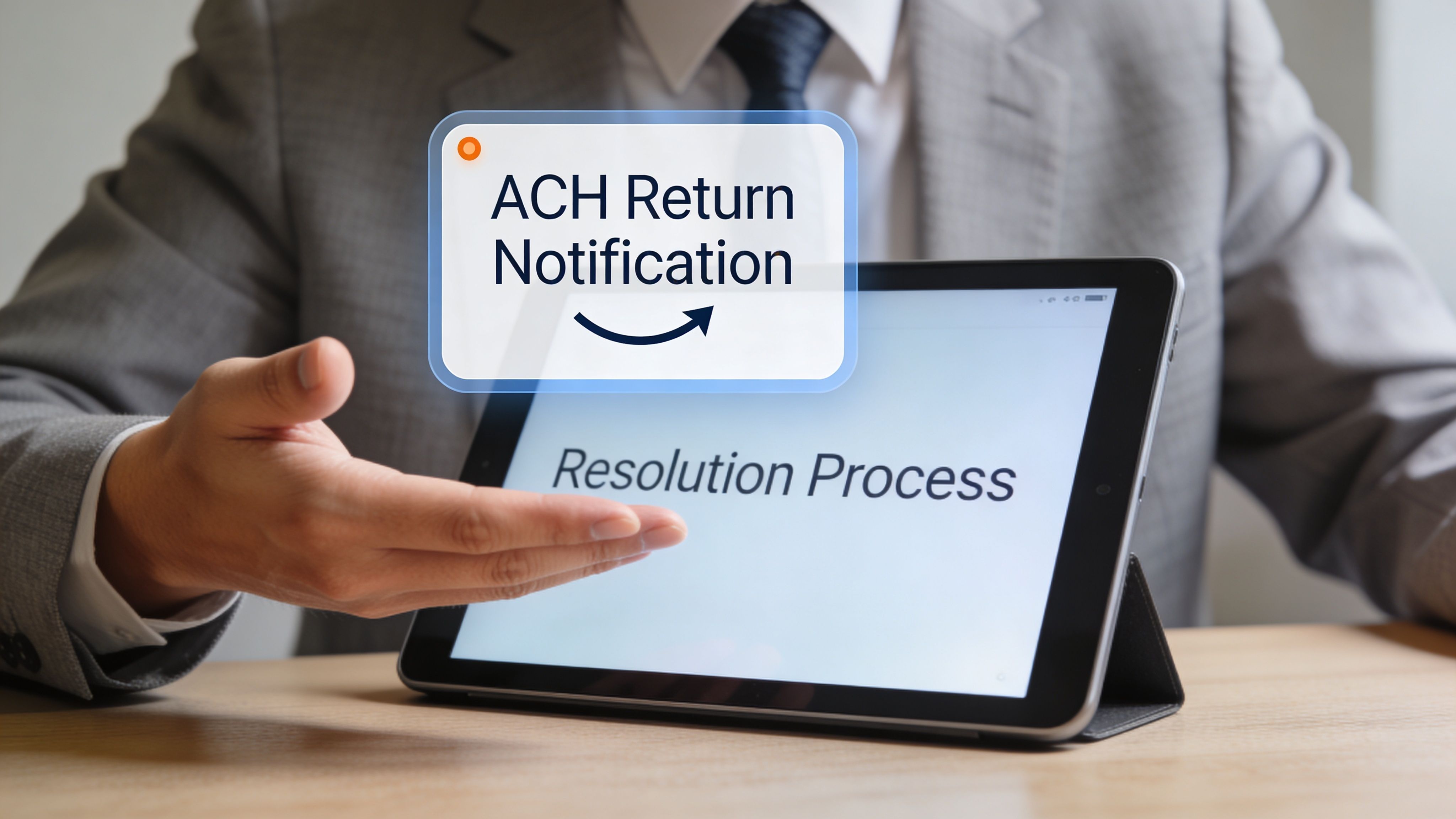 A professional in a suit gestures toward a tablet displaying an ACH return notification and resolution process.