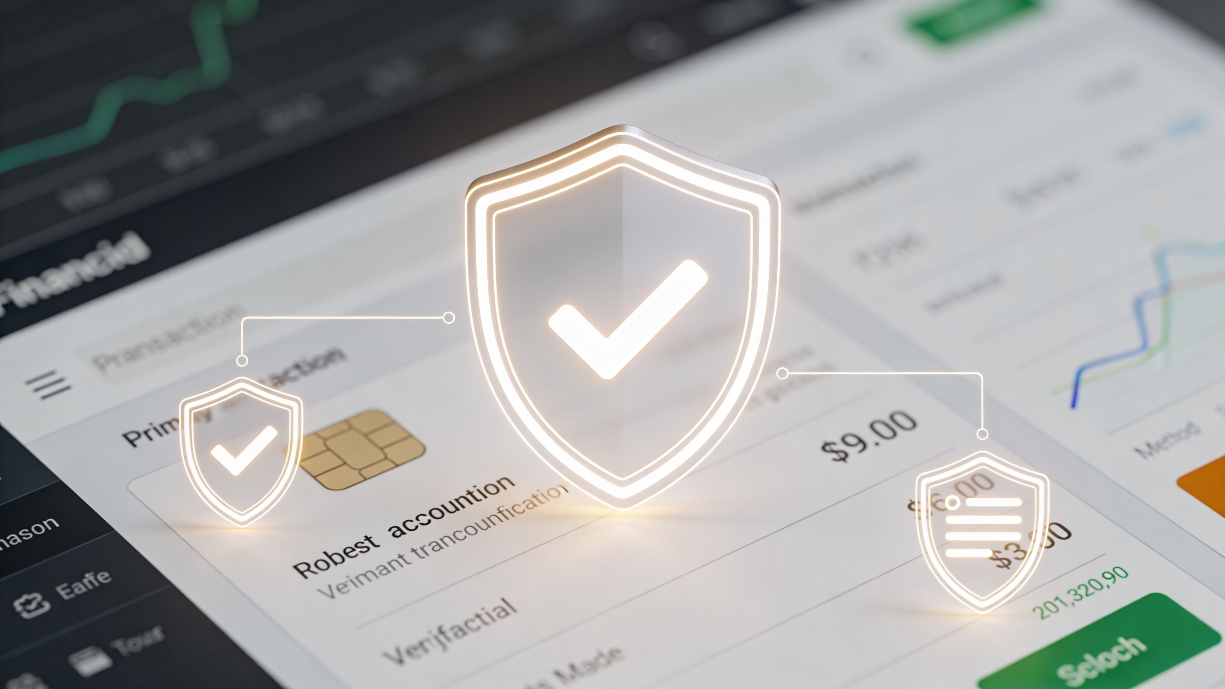 A 3D visualization of a digital financial dashboard featuring security shield icons representing secure payment processing.