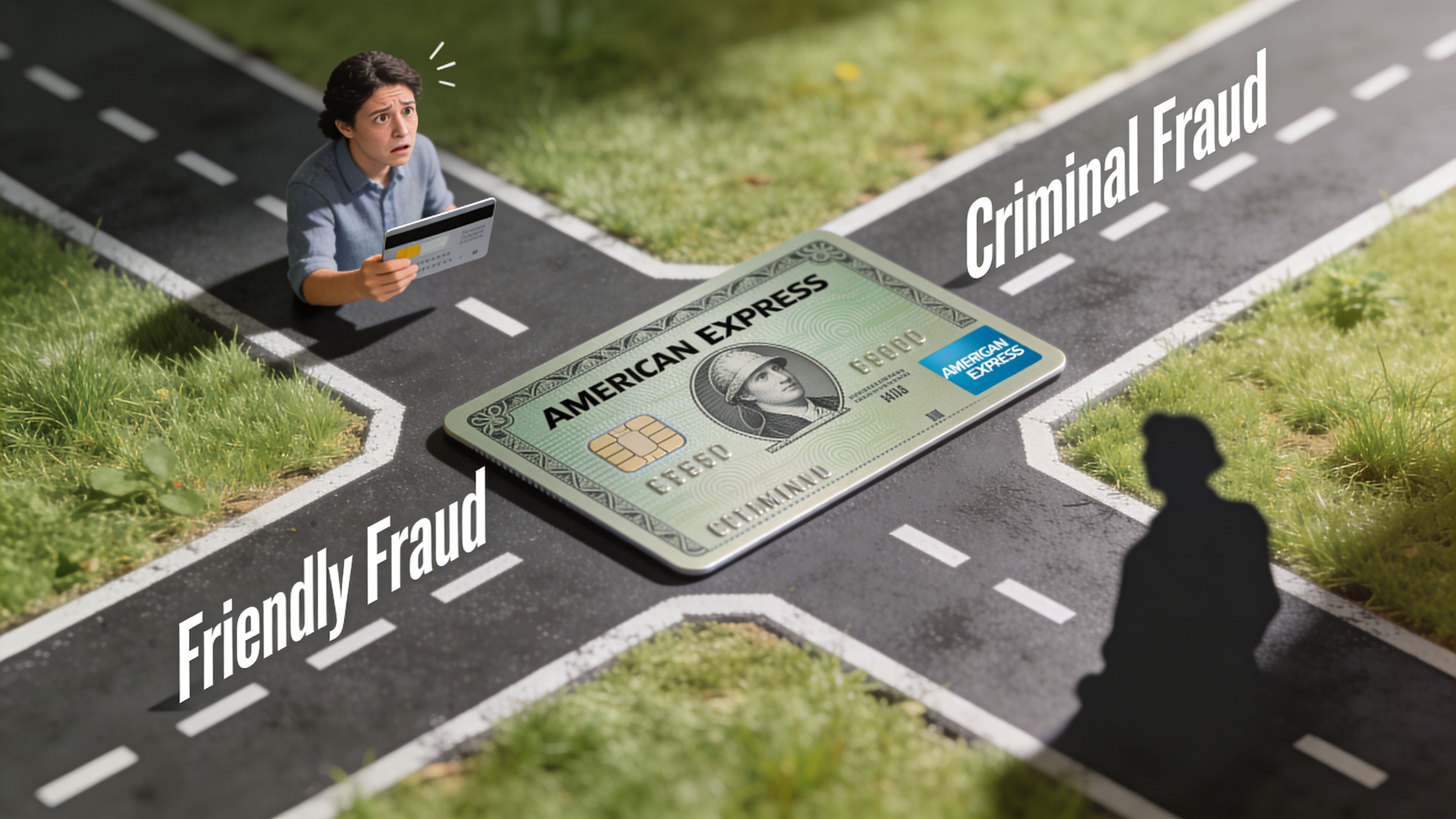 A miniature person holding a credit card stands at a crossroads labeled as Friendly Fraud and Criminal Fraud.