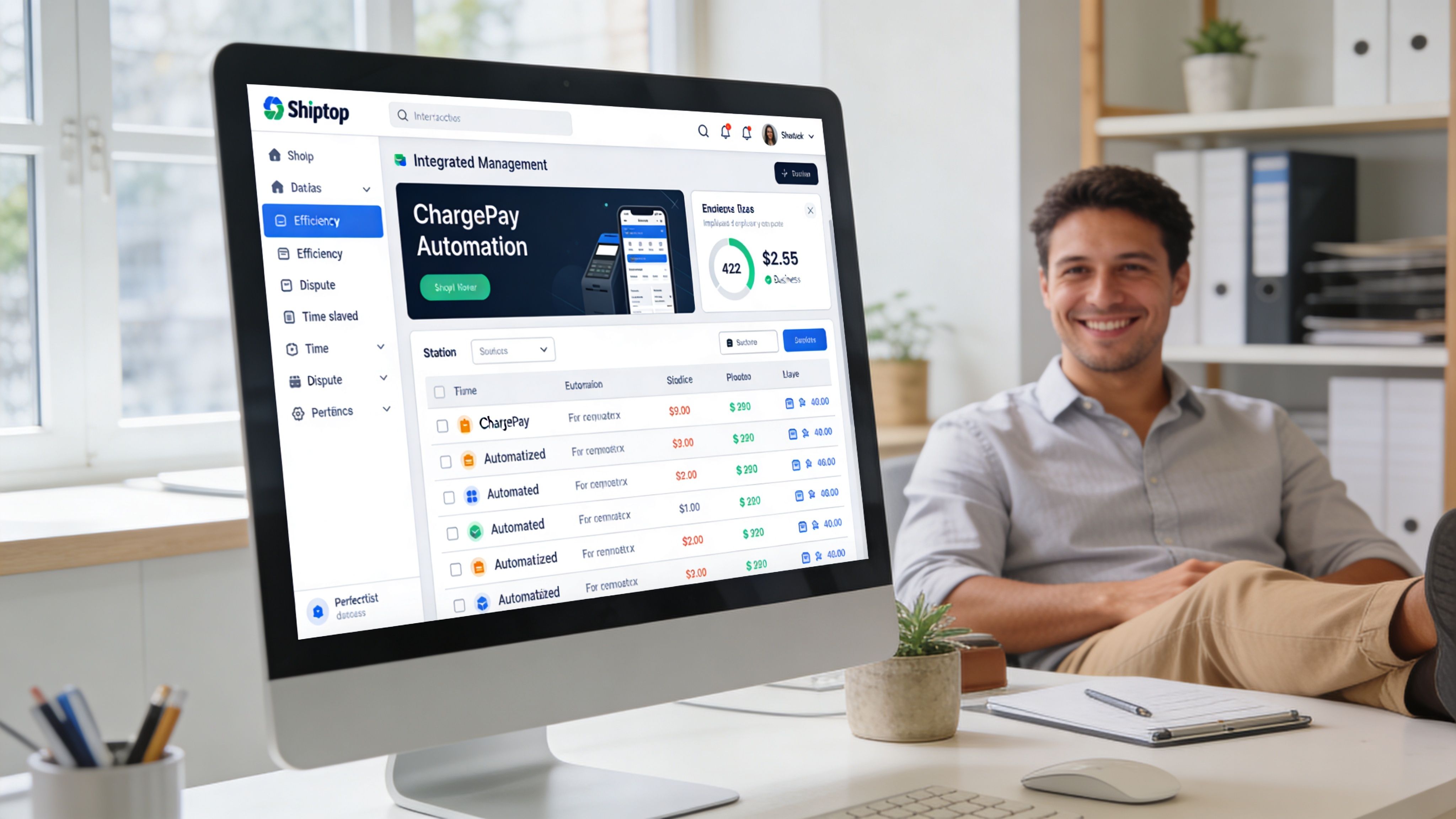 A happy man sits at a desk with a computer monitor showing a dashboard for transaction monitoring.