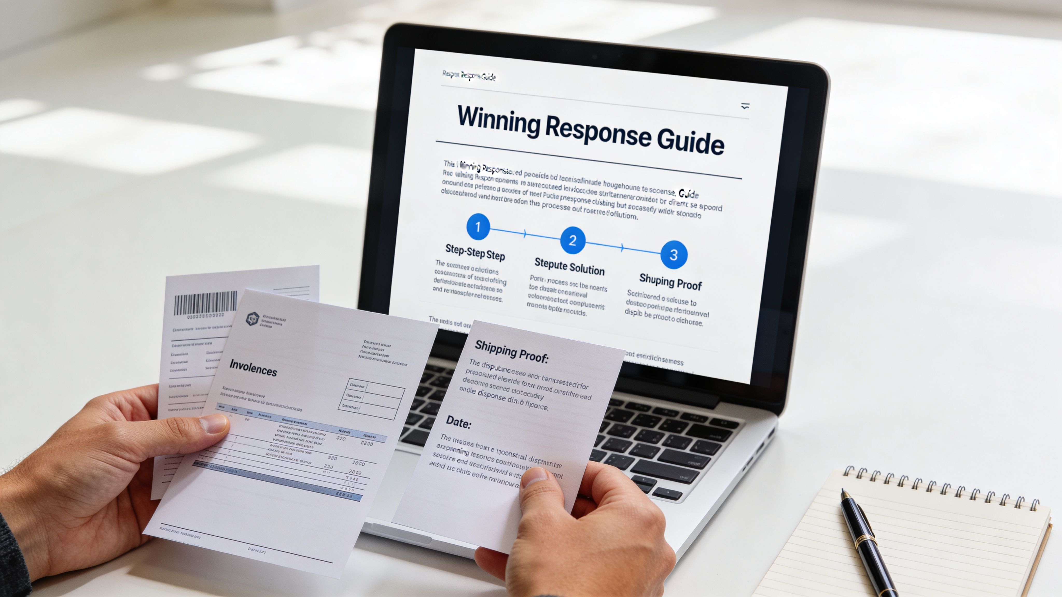 A person holds a fraudulent invoice and shipping document in front of a laptop showing a response guide.
