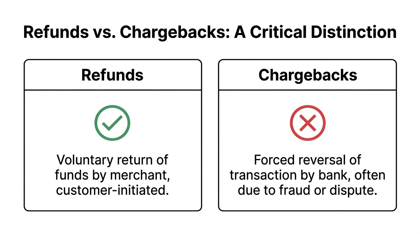 A comparison chart showing the key differences between merchant-initiated customer refunds and bank-initiated payment chargebacks.
