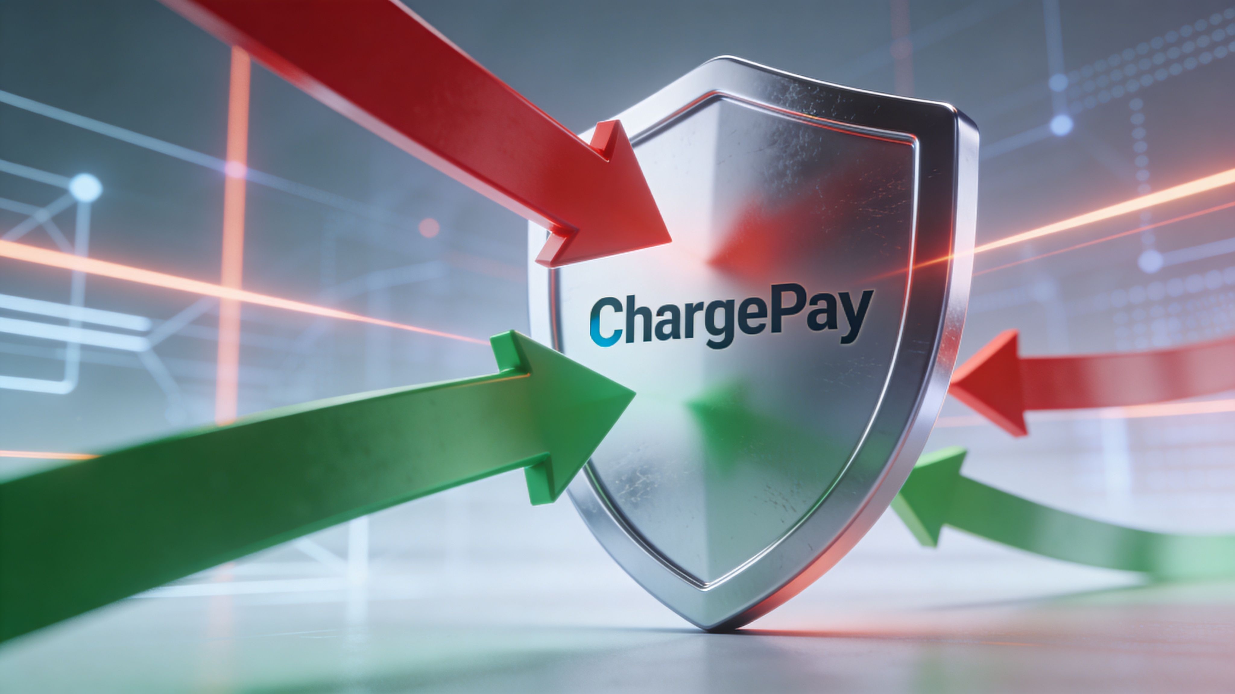 A silver shield with the ChargePay logo protected from red and green arrows in a digital space.