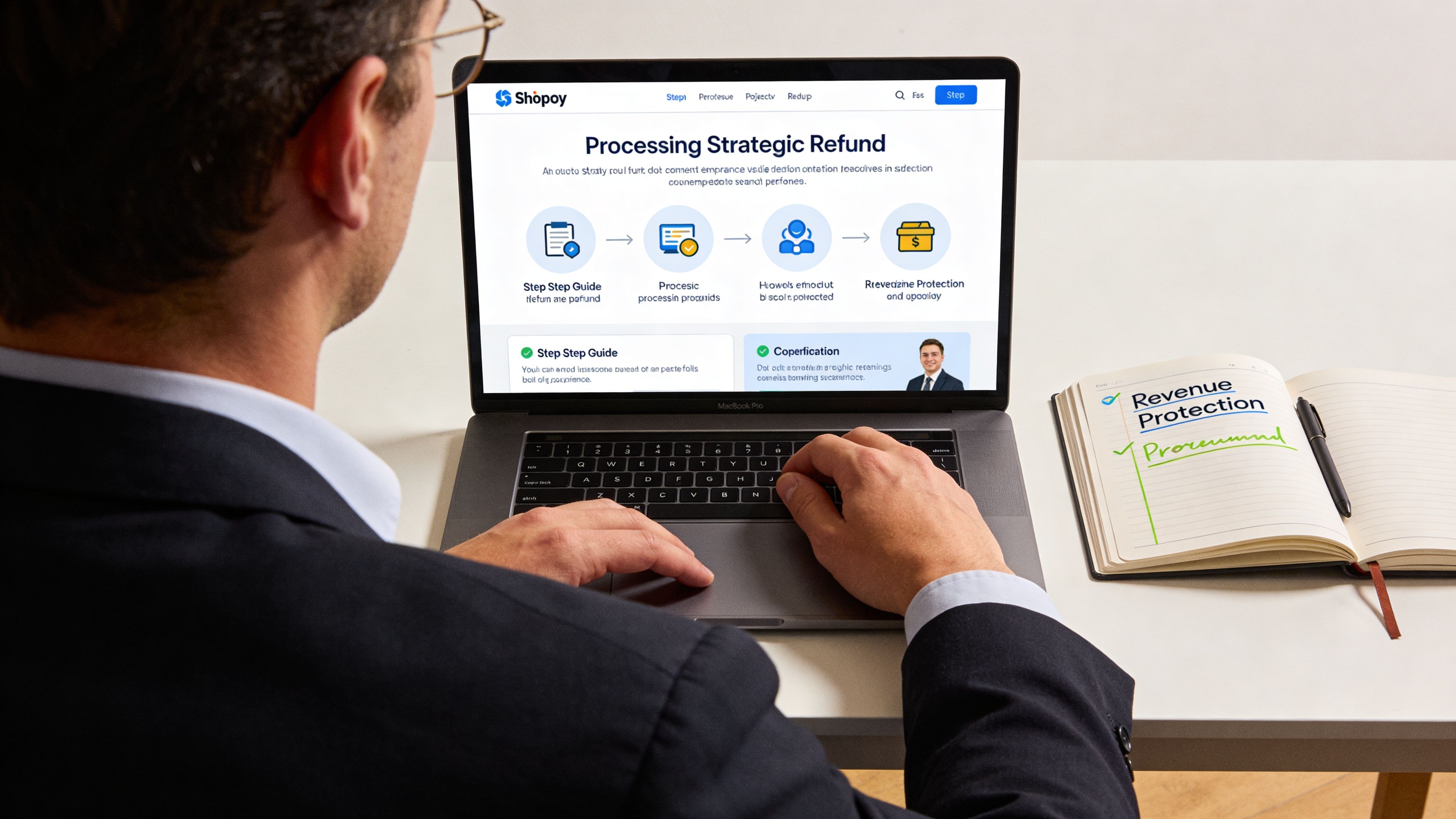 A professional man in a suit working on a laptop about processing a strategic credit card refund.