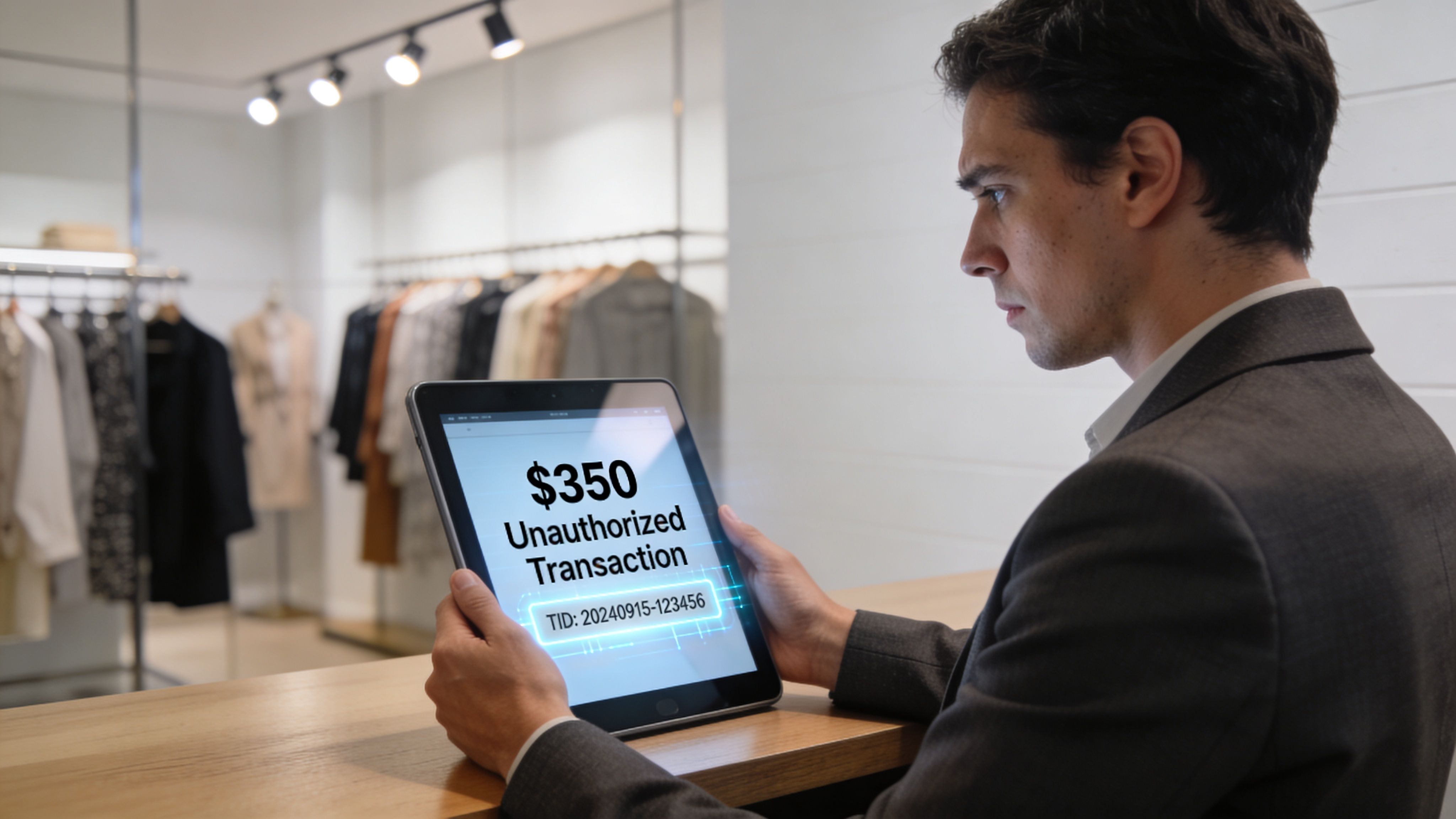 A businessman in a suit looks concerned while holding a tablet displaying an unauthorized transaction notification.