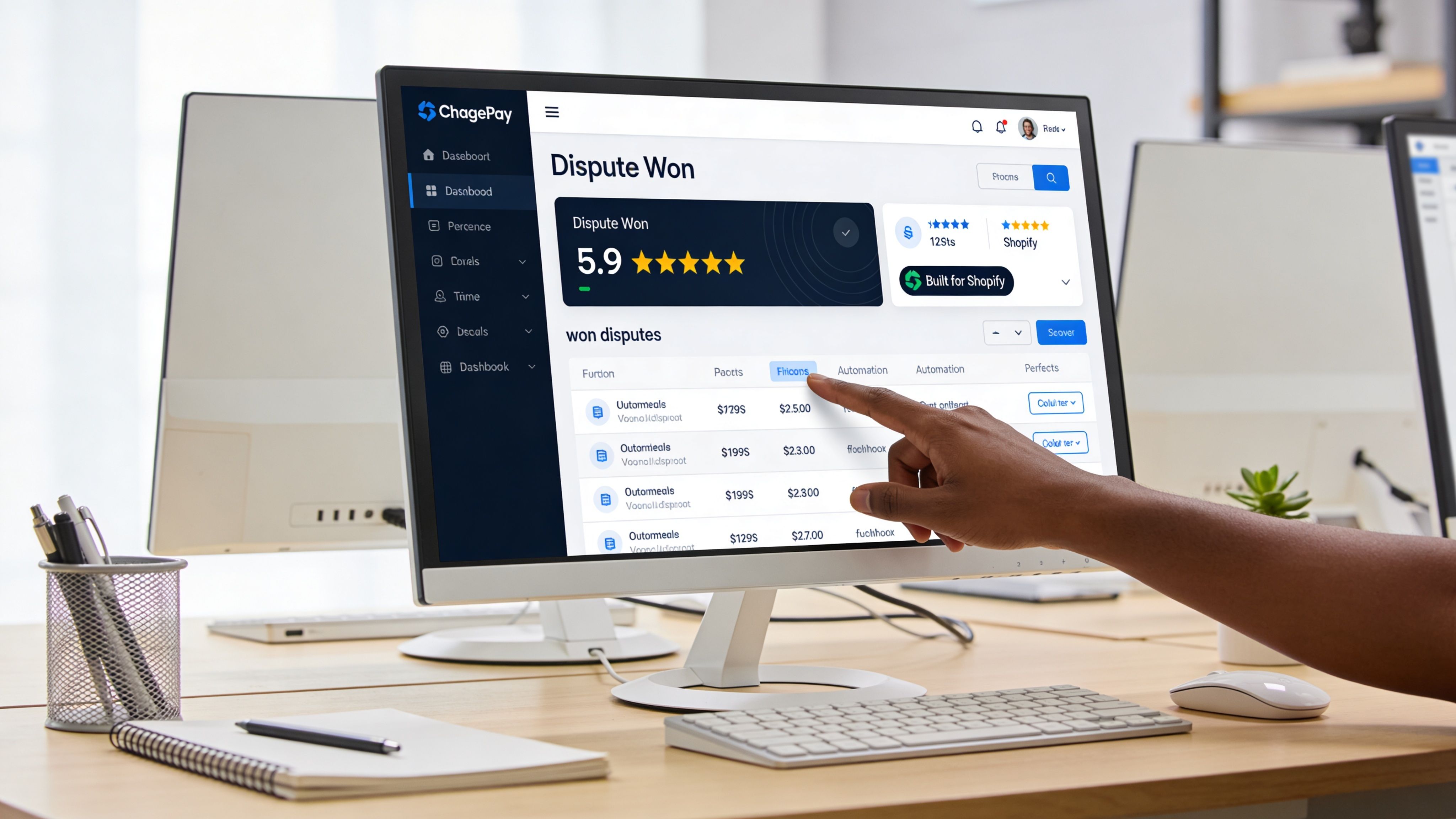 A person using a computer to review won disputes on the ChagePay dashboard interface.