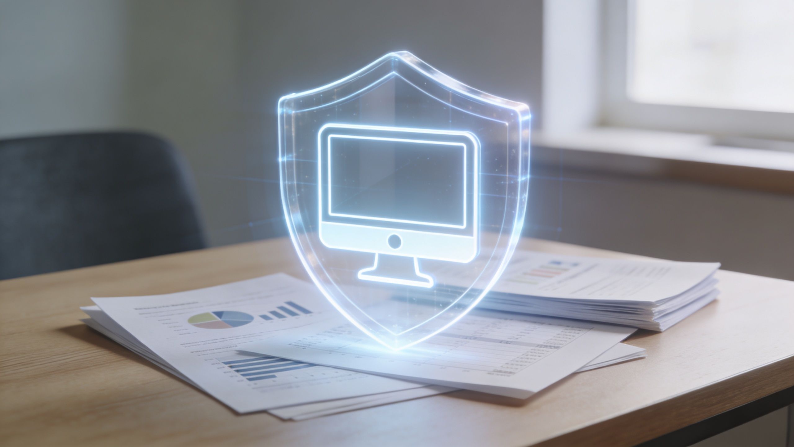 A digital holographic shield icon with a computer symbol protecting financial documents on an office desk.