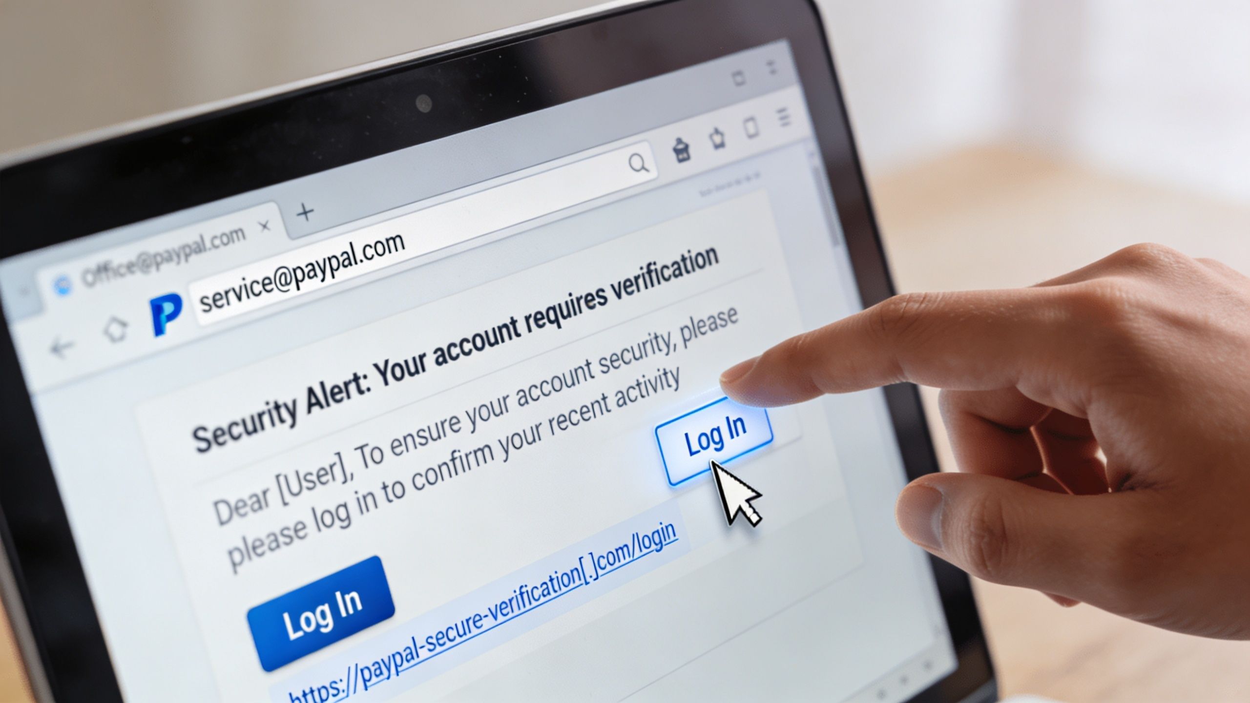A hand clicking a phishing link on a fake PayPal security alert email shown on a laptop screen.