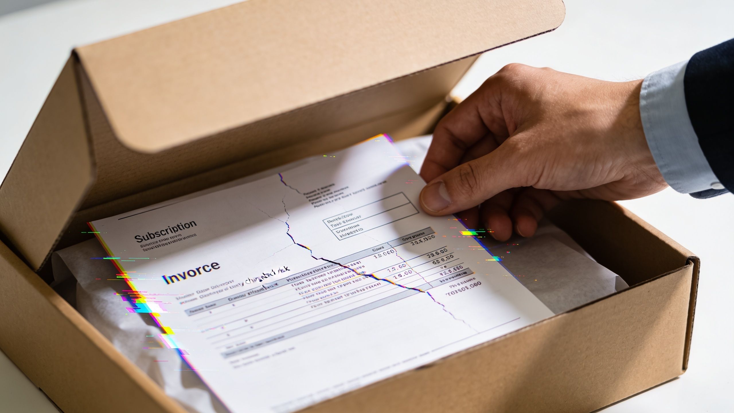 A businessman's hand holds a digital subscription invoice document partially inside a cardboard shipping box.