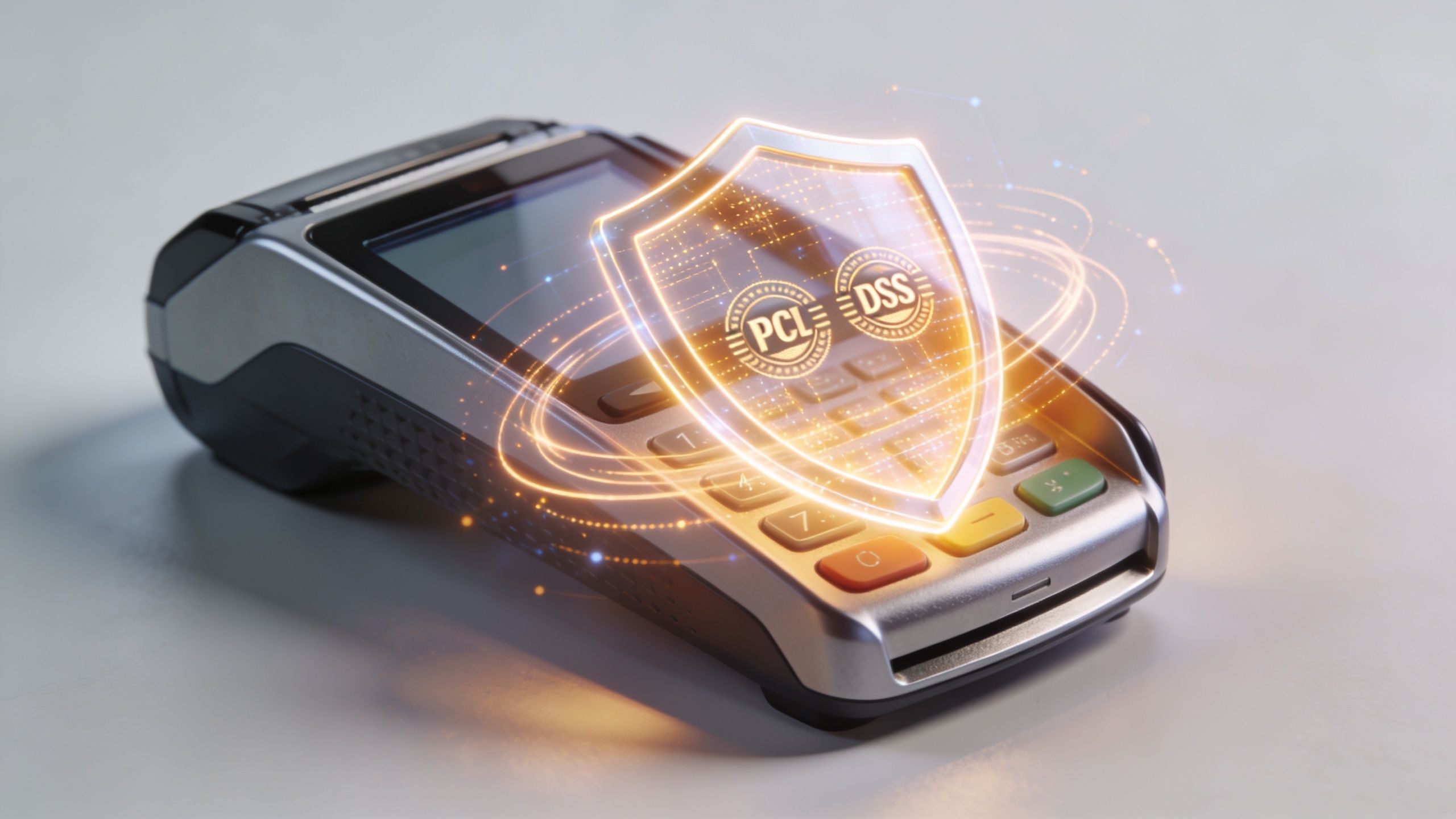 A digital shield graphic with PCL DSS security symbols hovering over a modern electronic credit card terminal.