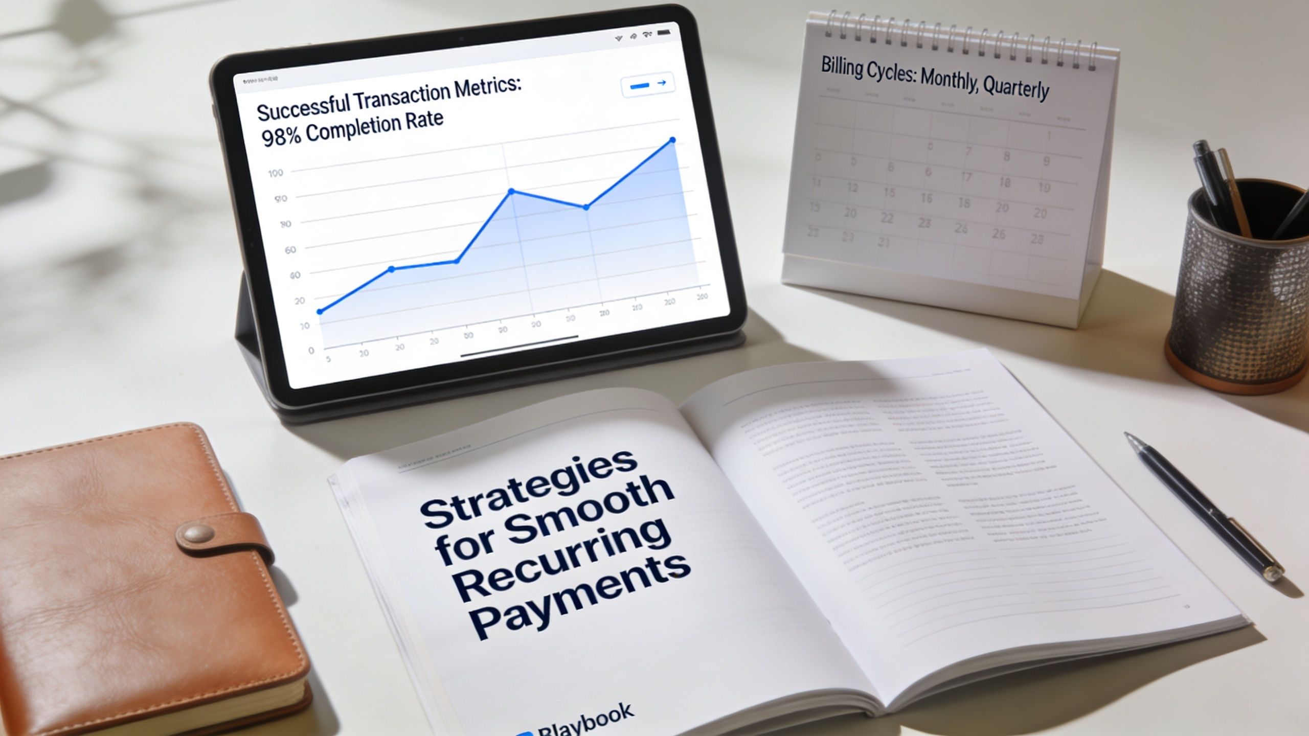 A professional setup with a tablet displaying transaction metrics, a calendar, and a recurring payments playbook.