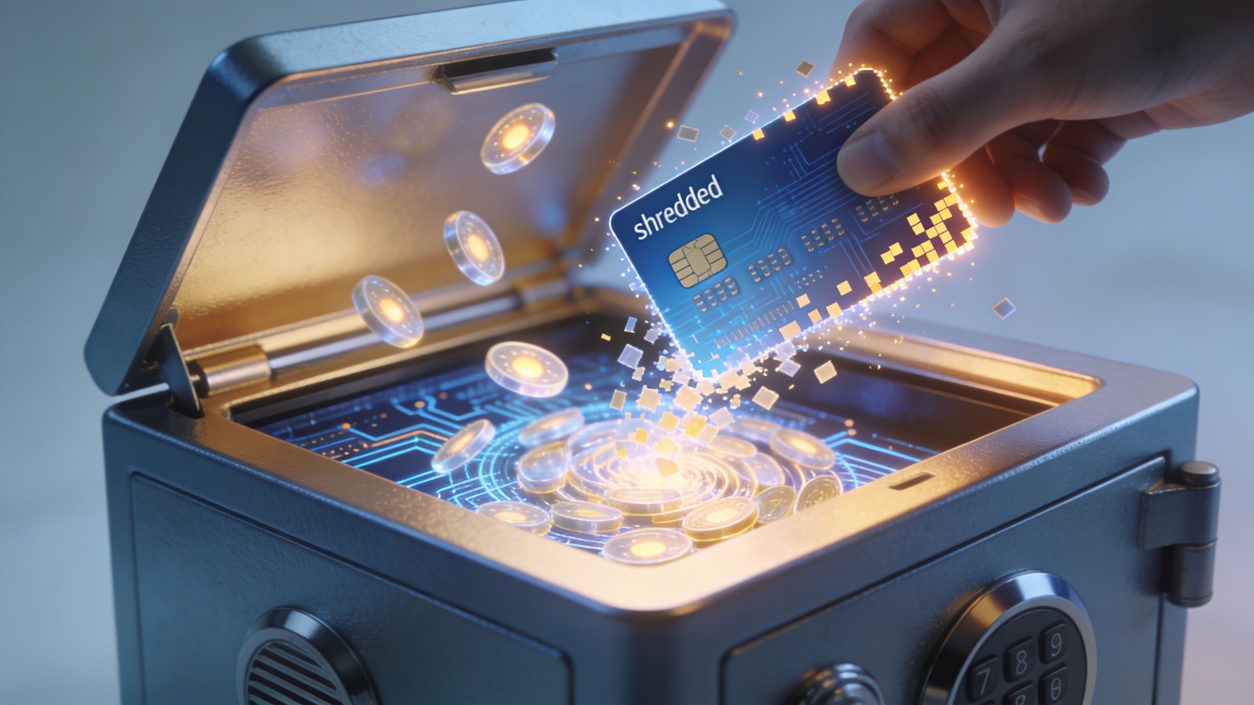 A hand placing a digital card labeled shredded into a metallic safe filled with glowing coins.