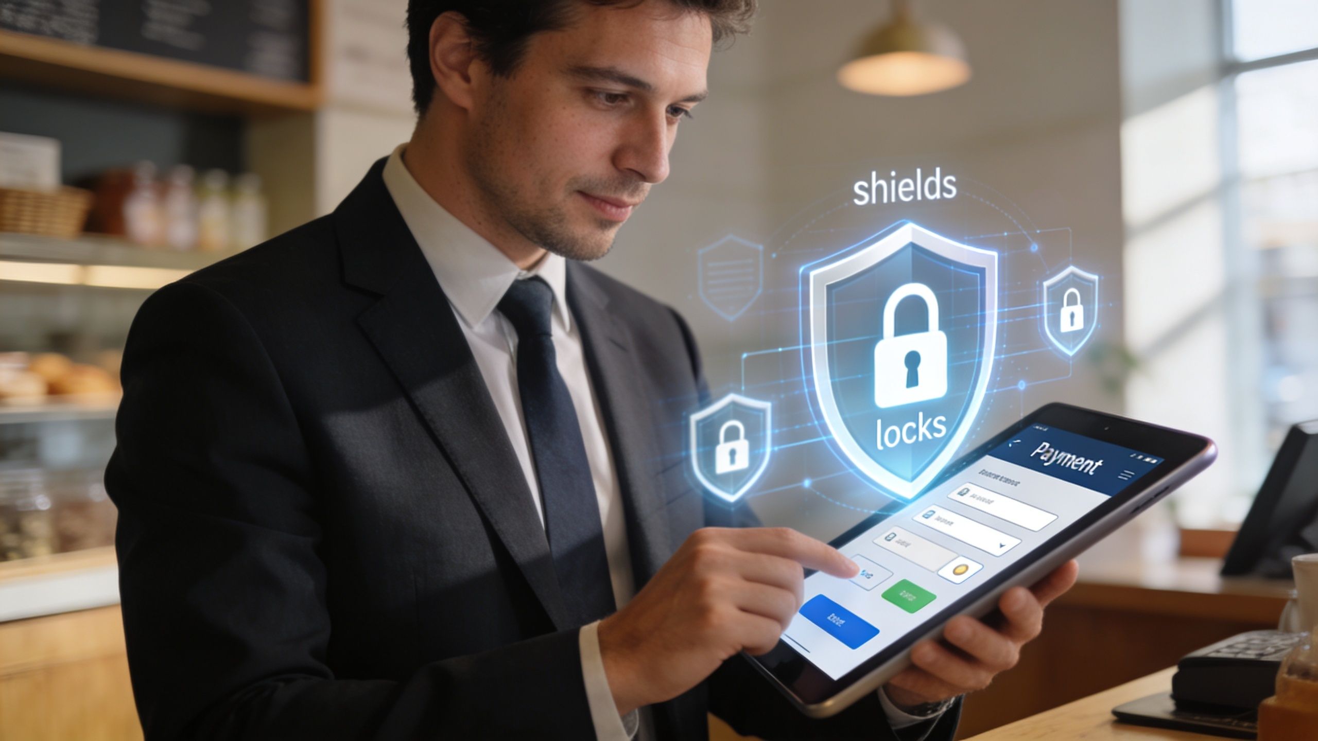 A professional man using a tablet with a digital cybersecurity interface overlay in a cafe setting.