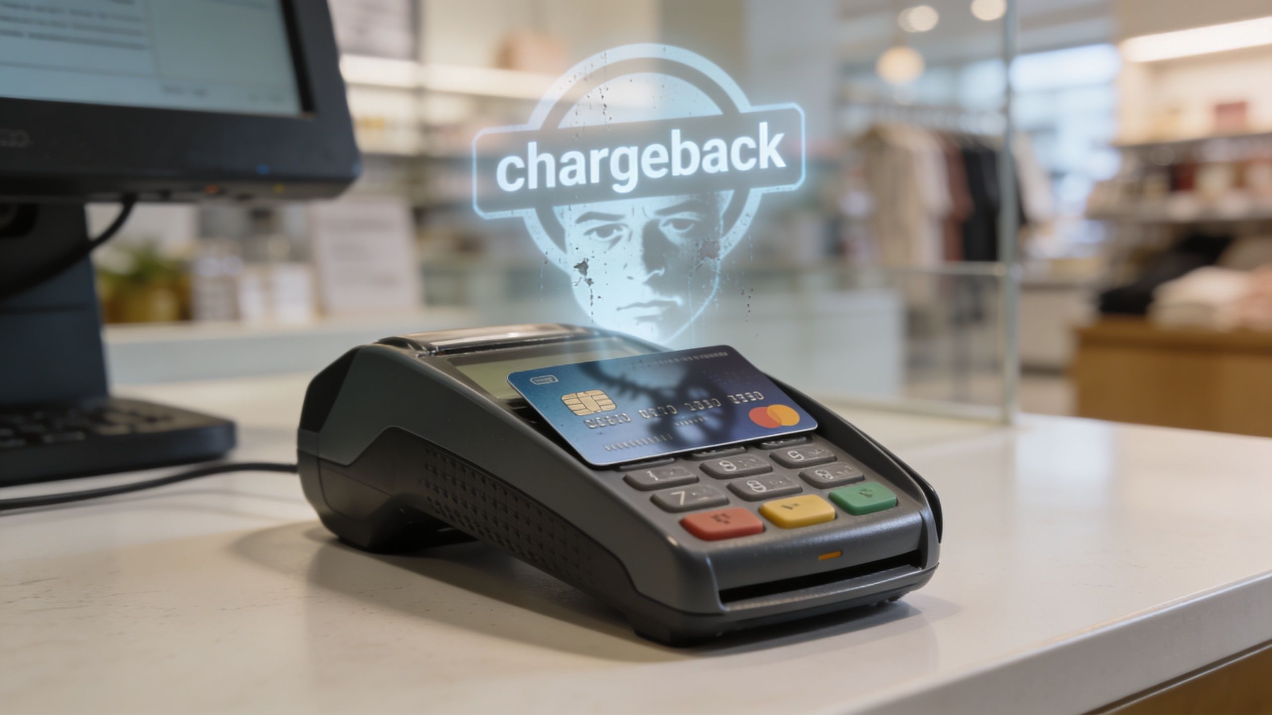 A payment terminal with a credit card resting on top and a digital chargeback hologram floating above.