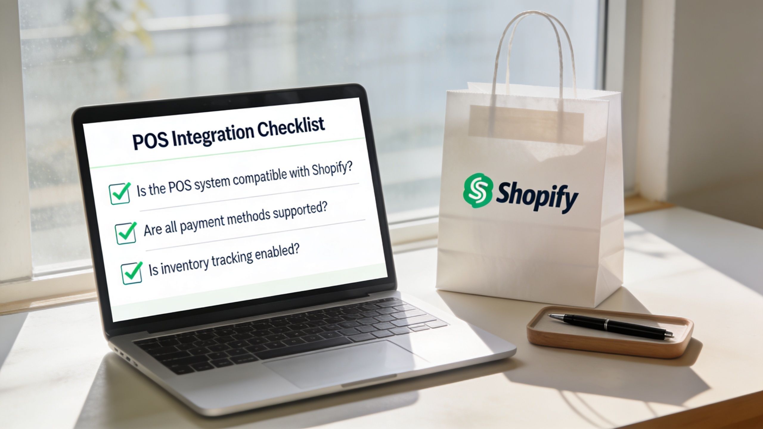 A laptop displaying a POS integration checklist next to a Shopify shopping bag on a desk.