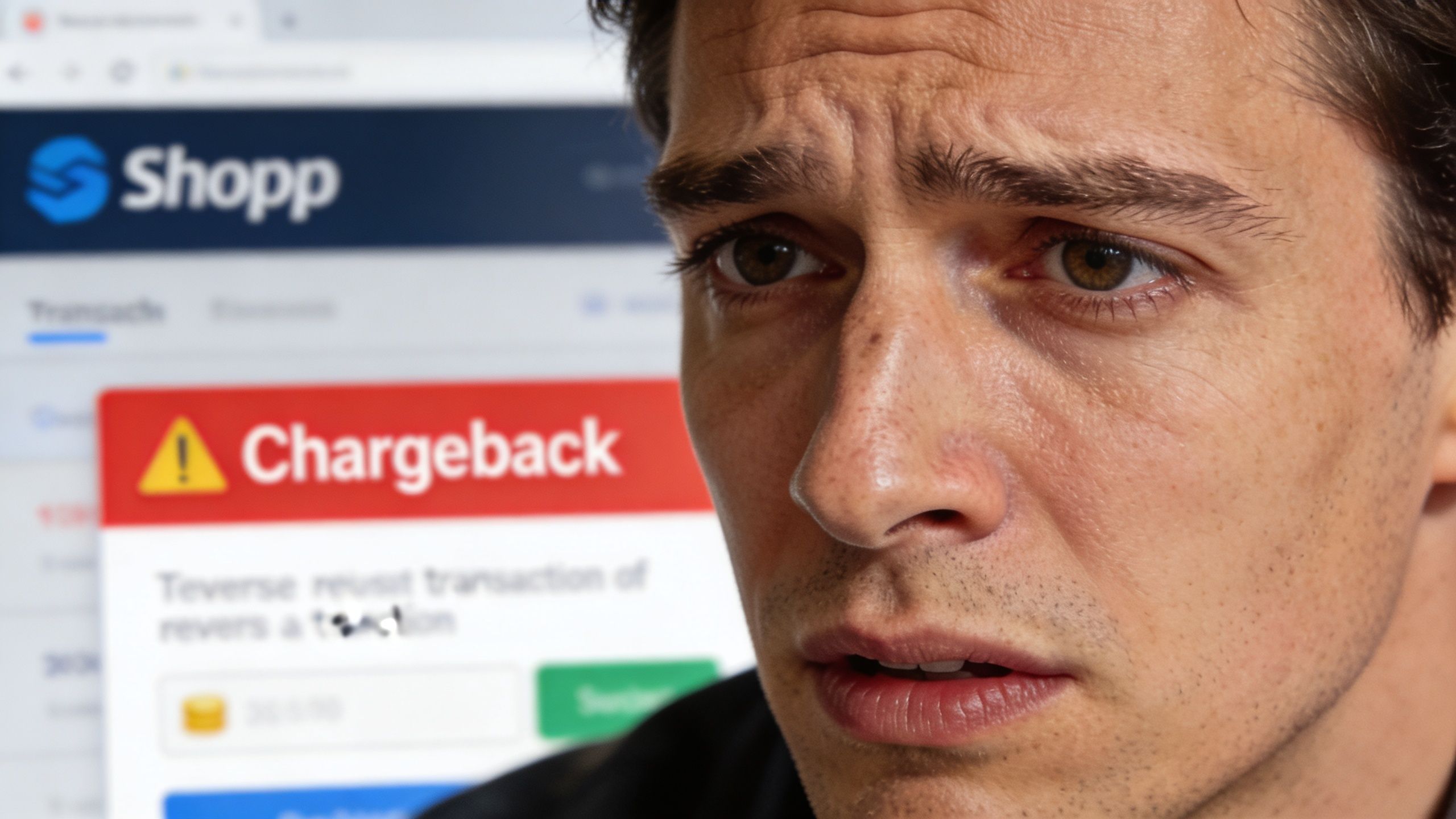 A concerned man looking at a digital screen displaying a payment chargeback alert for a transaction.