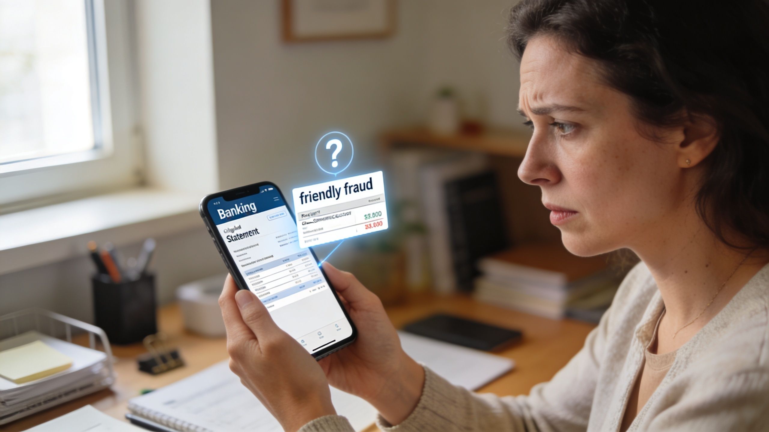 A concerned woman checking her bank statement on a smartphone regarding potential friendly fraud issues.