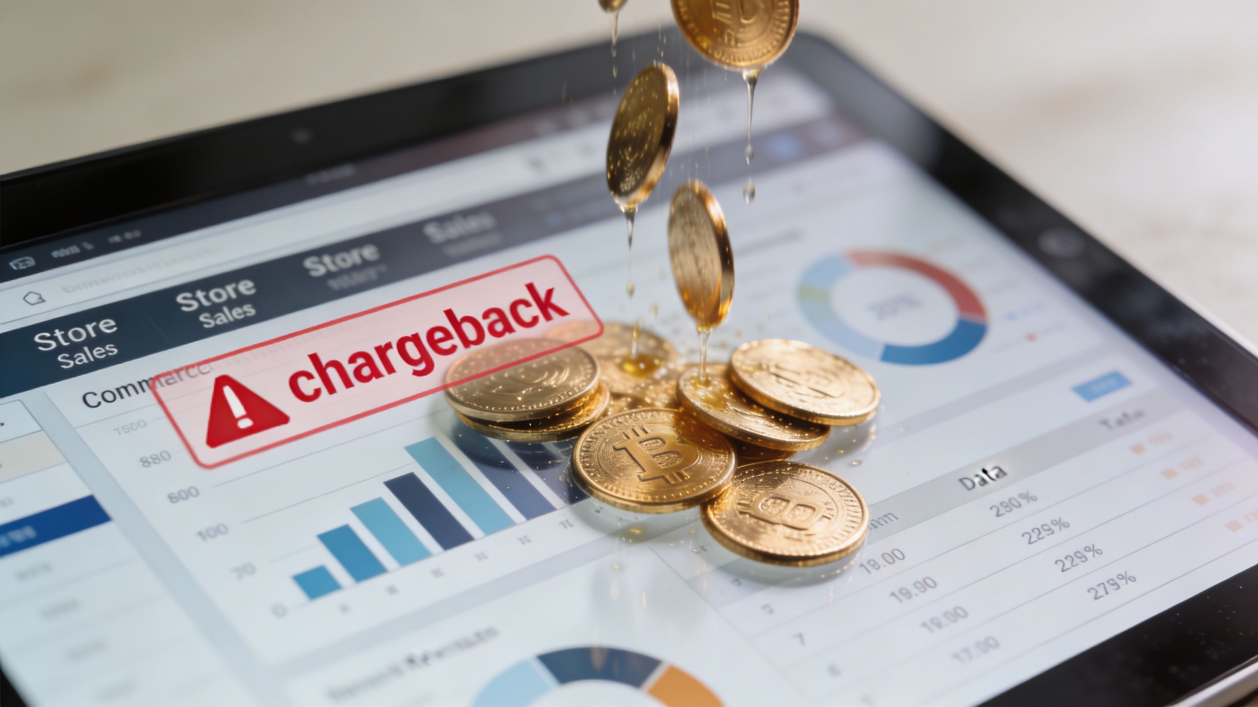A tablet screen displaying a chargeback alert notification with gold cryptocurrency coins placed on top.