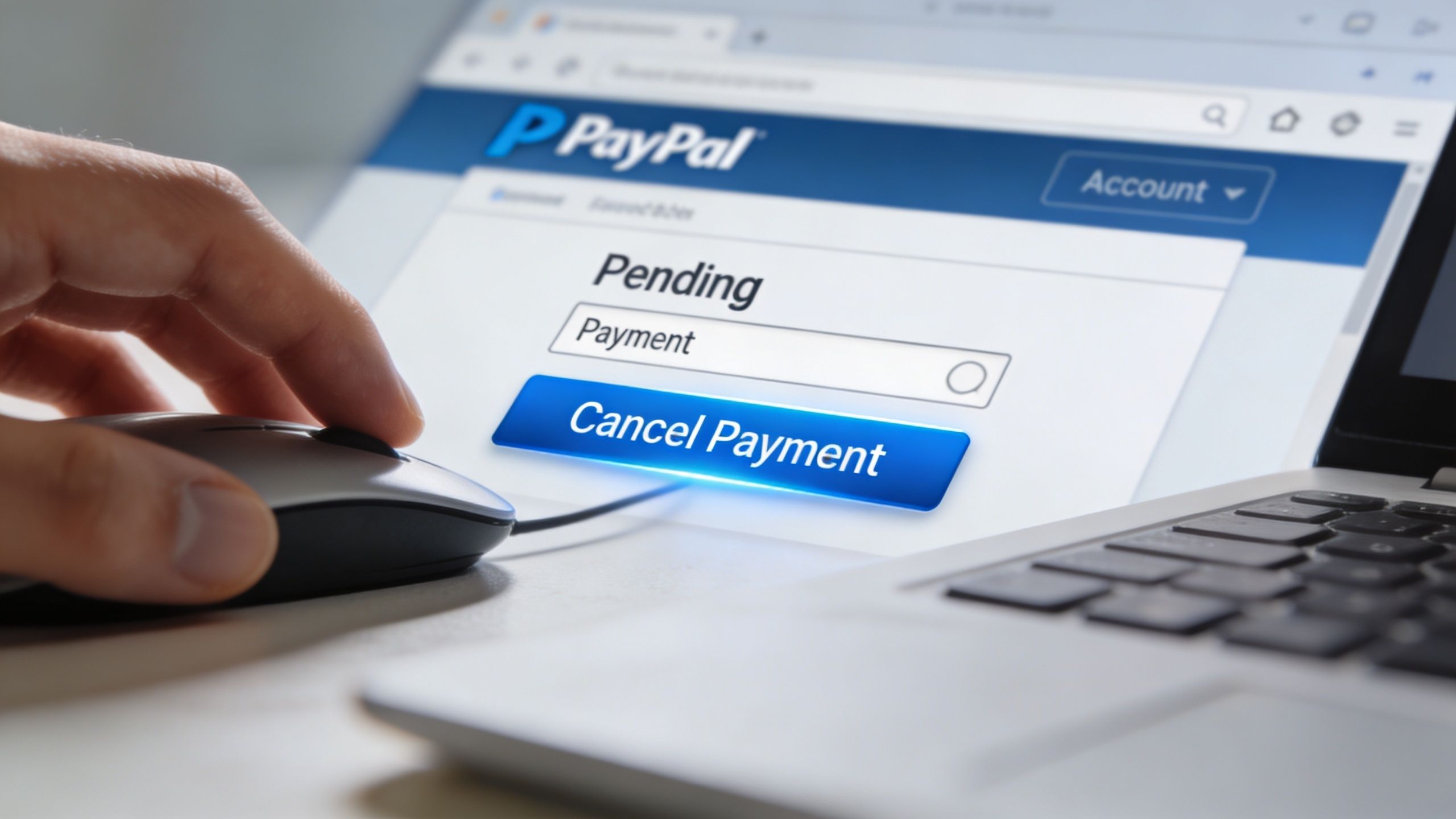 A close-up view of a person using a computer mouse to cancel a pending PayPal payment.