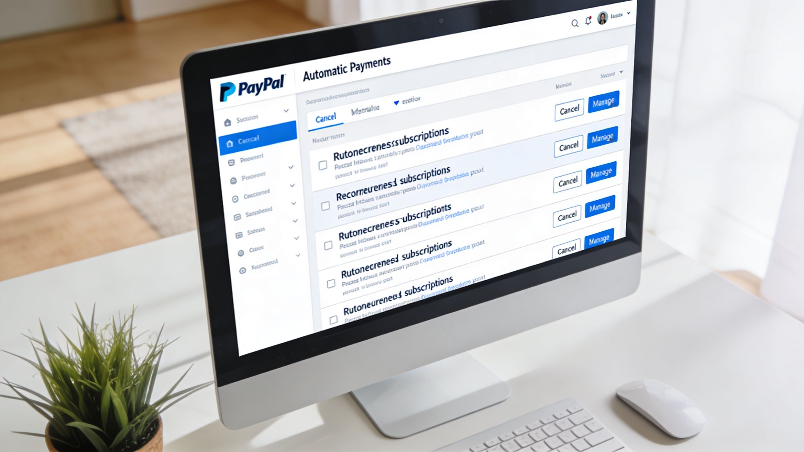 A desktop computer screen showing the PayPal automatic payments interface with options to manage and cancel subscriptions.