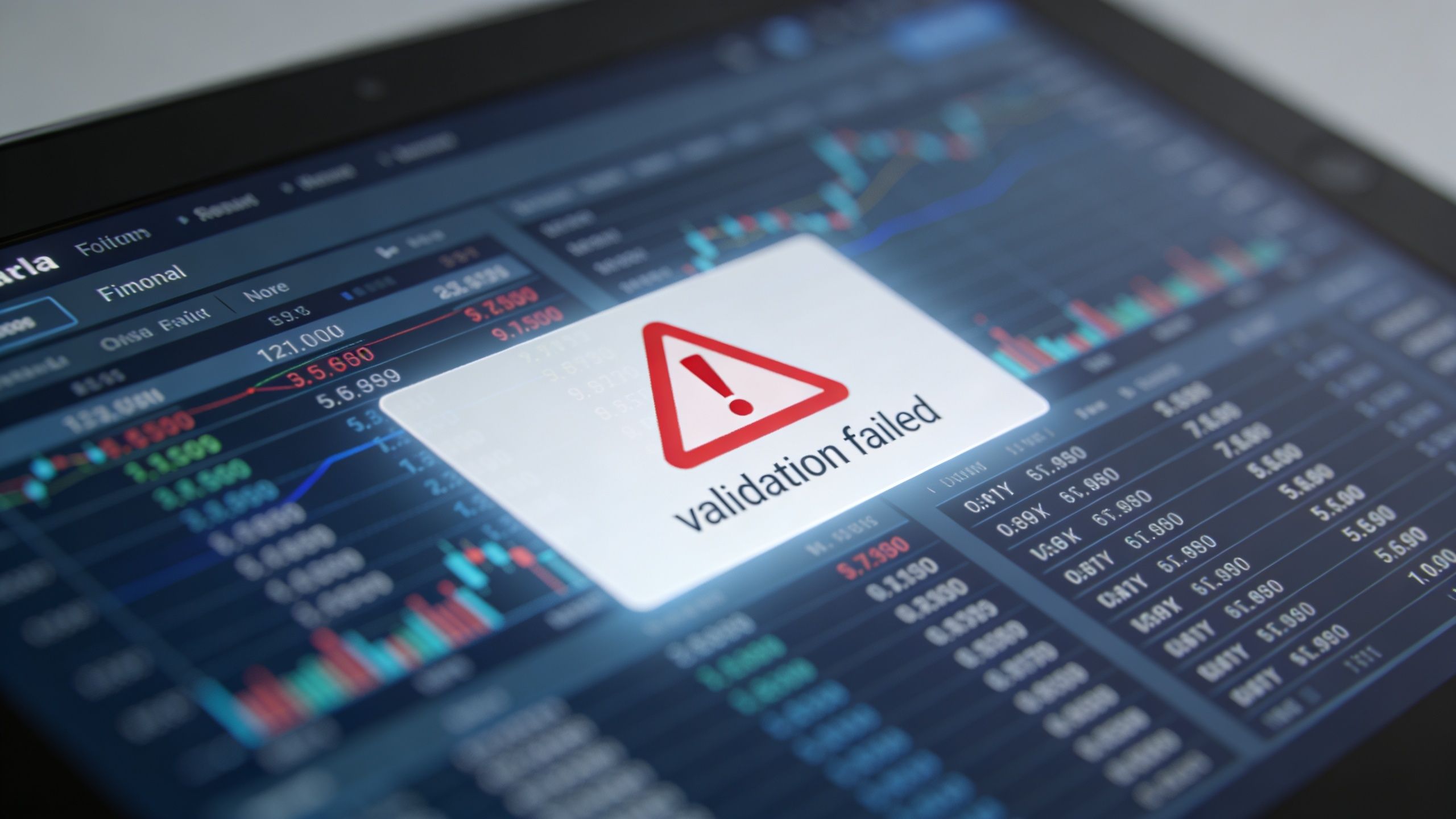 A digital tablet screen displaying stock market trading data with a prominent warning message saying validation failed.