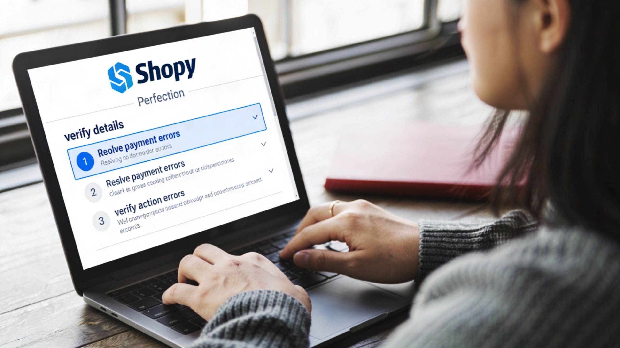 A person working on a laptop displaying a Shopy interface to verify and resolve payment errors.