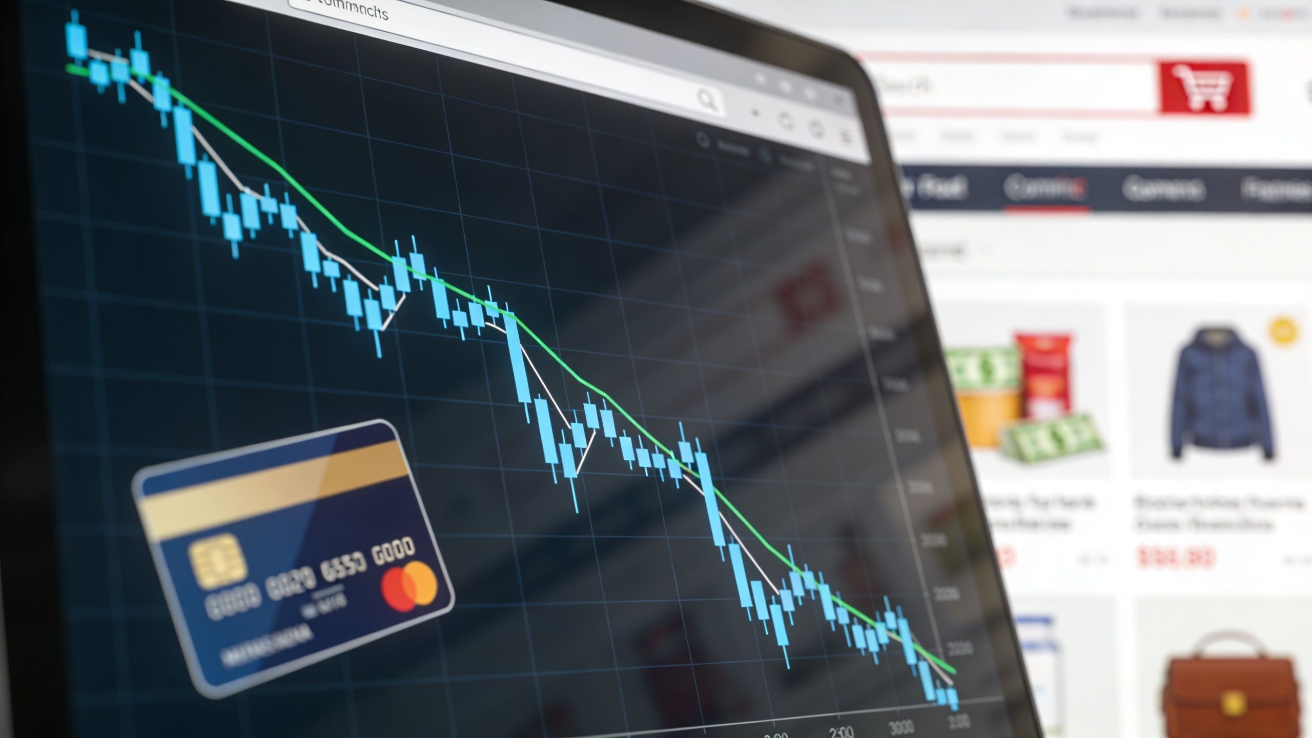 A laptop screen displaying a falling stock market chart alongside a credit card and online shopping interface.