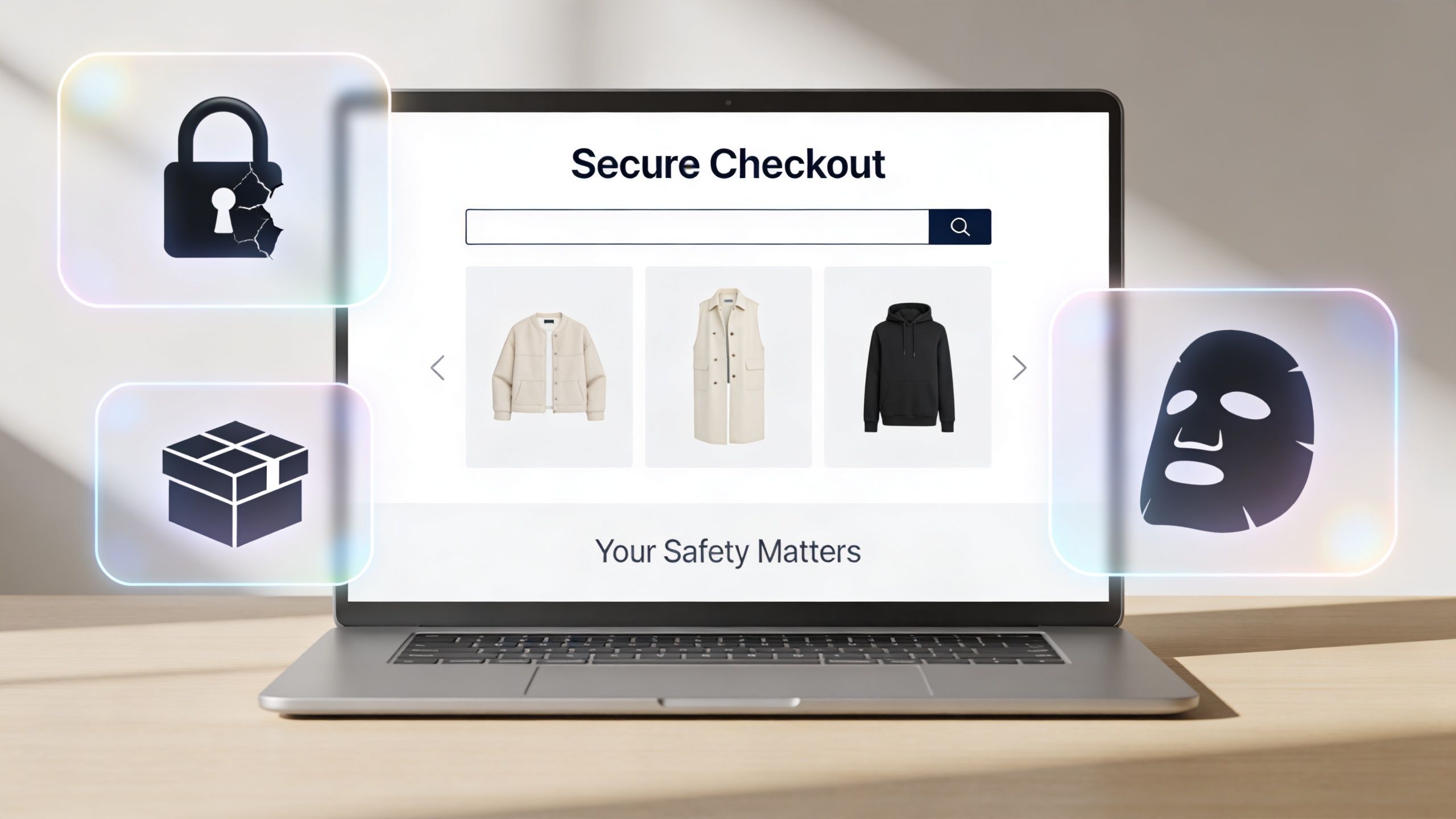A laptop screen displaying a secure checkout page surrounded by digital security and retail icons.
