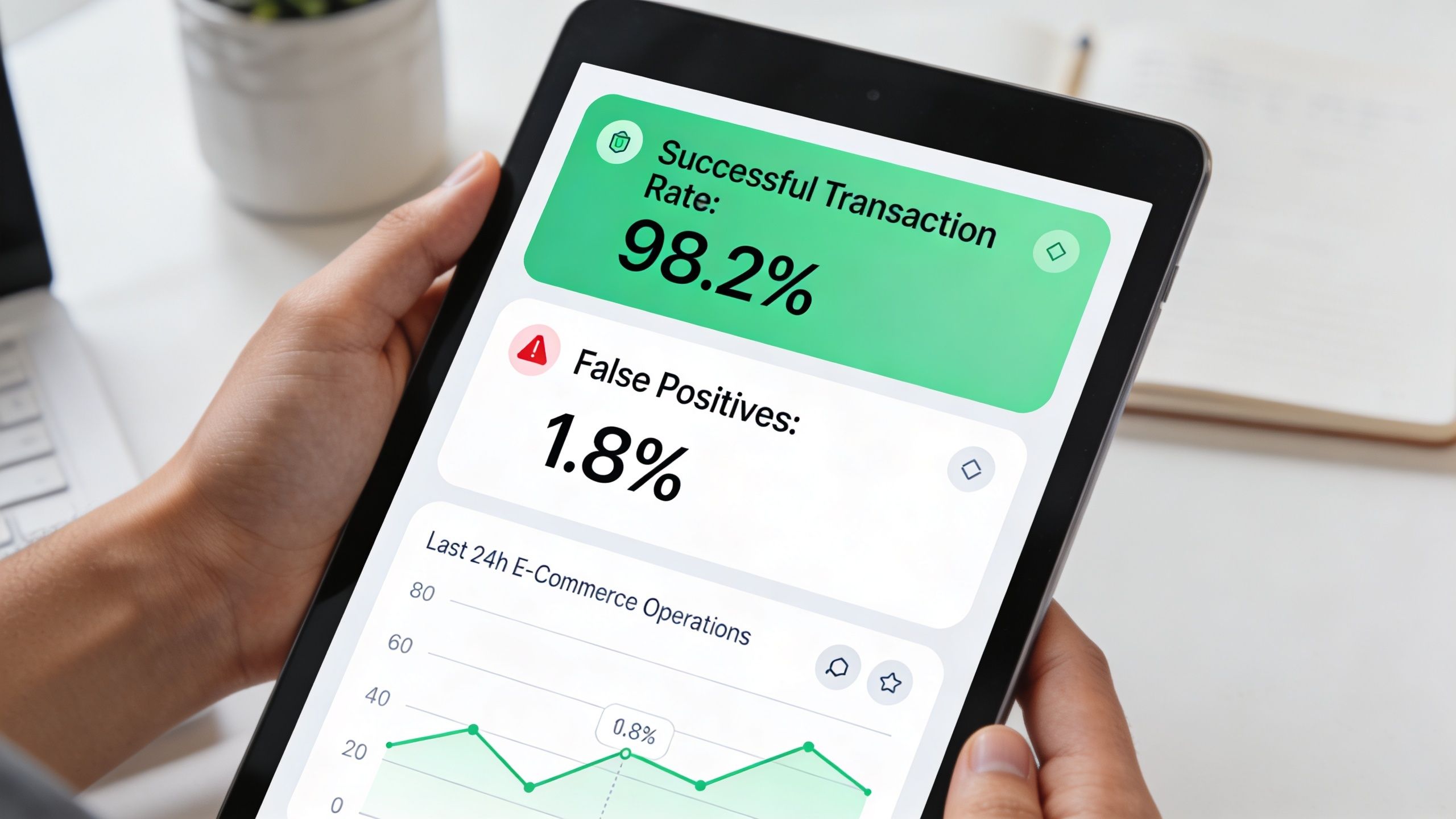 A person holding a tablet showing an e-commerce fraud detection dashboard with successful transaction rate statistics.