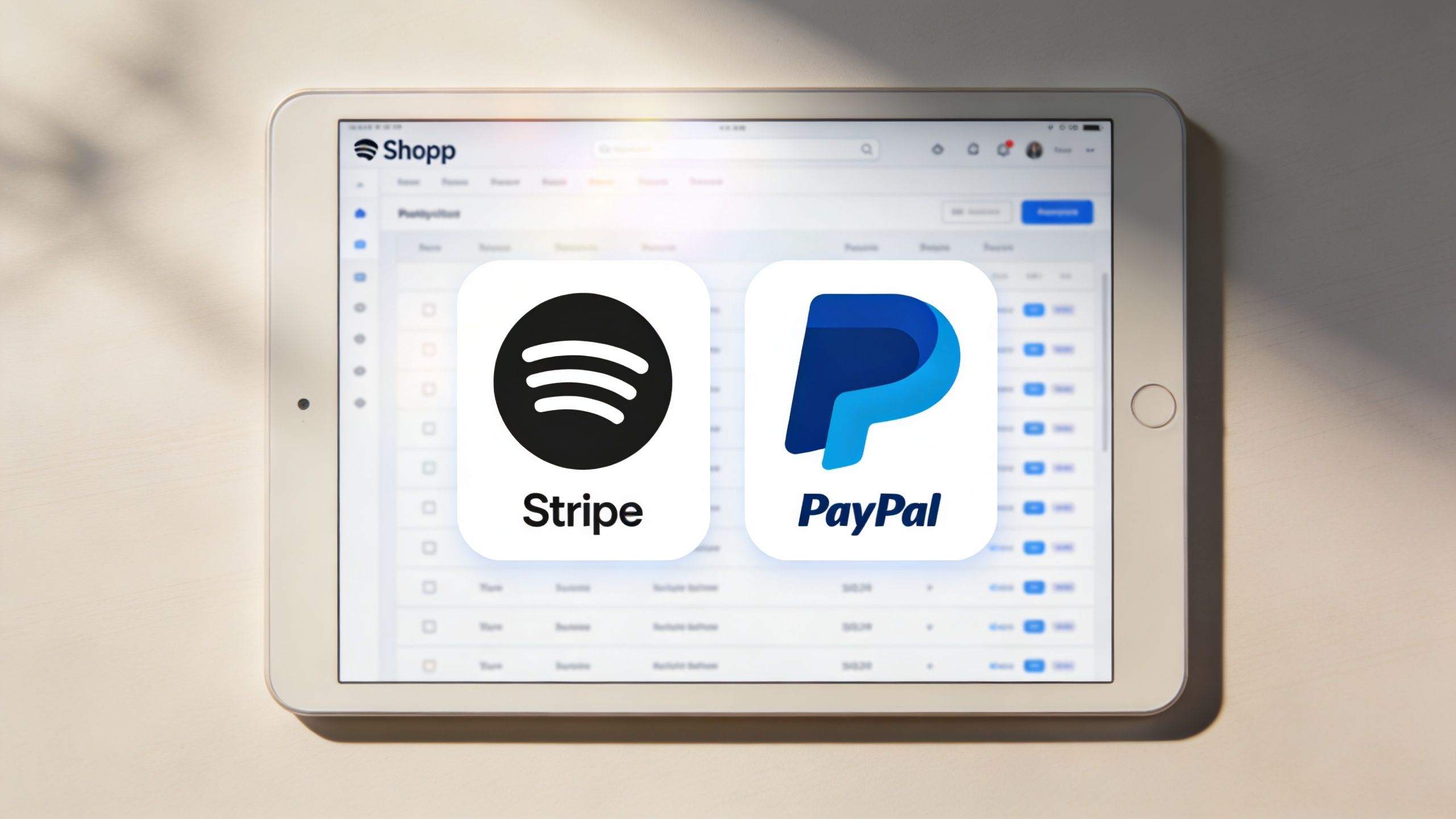 A tablet screen displaying a Shopp dashboard overlaid with Spotify and PayPal icons to compare payment options.