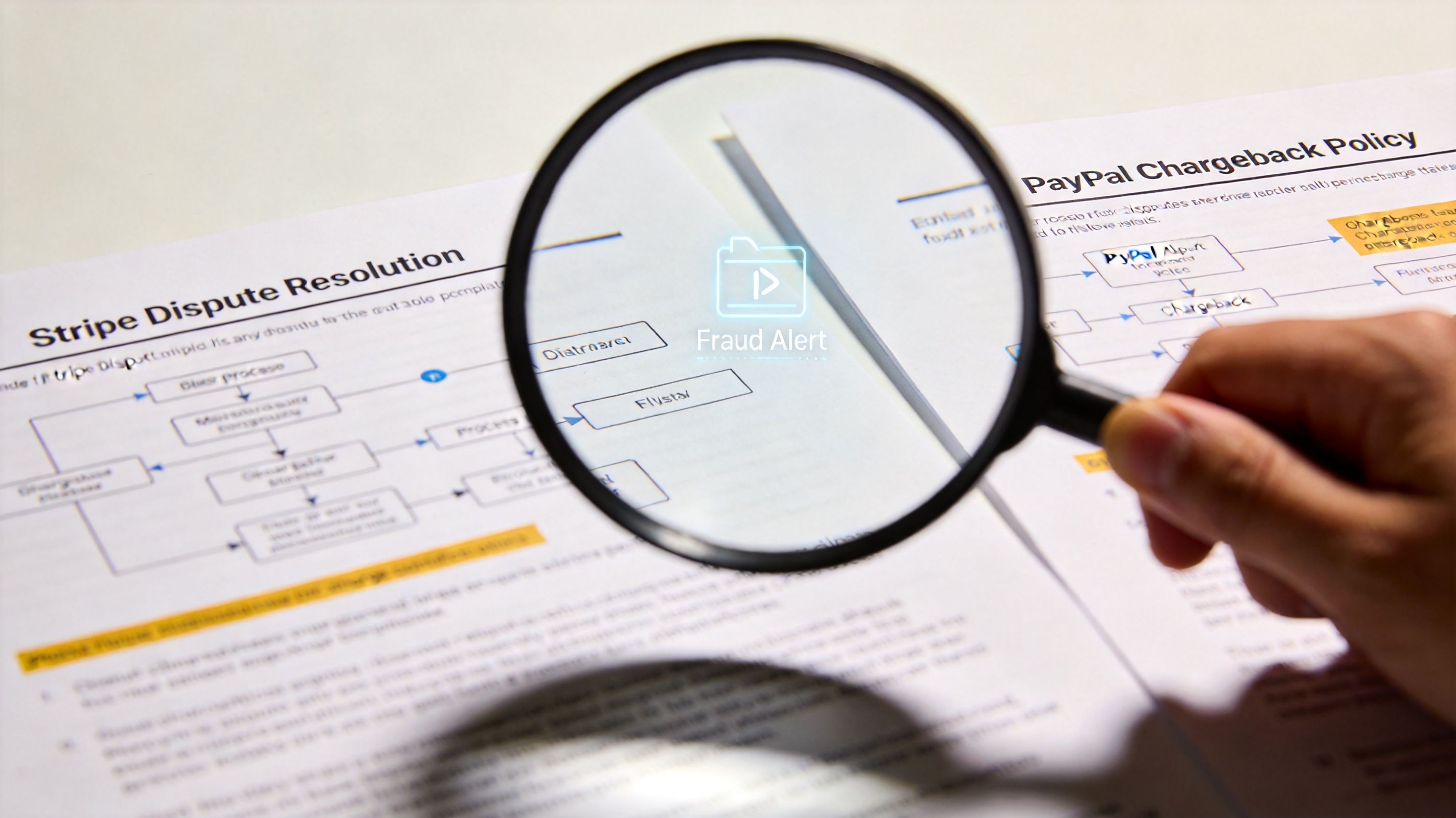 A magnifying glass inspecting documents that detail Stripe and PayPal chargeback and dispute resolution policies.