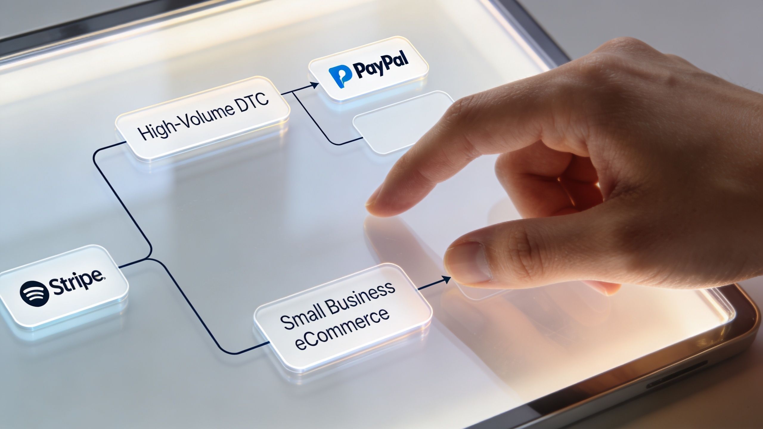 A hand interacting with a digital tablet displaying a flowchart comparing payment processors like Stripe and PayPal.