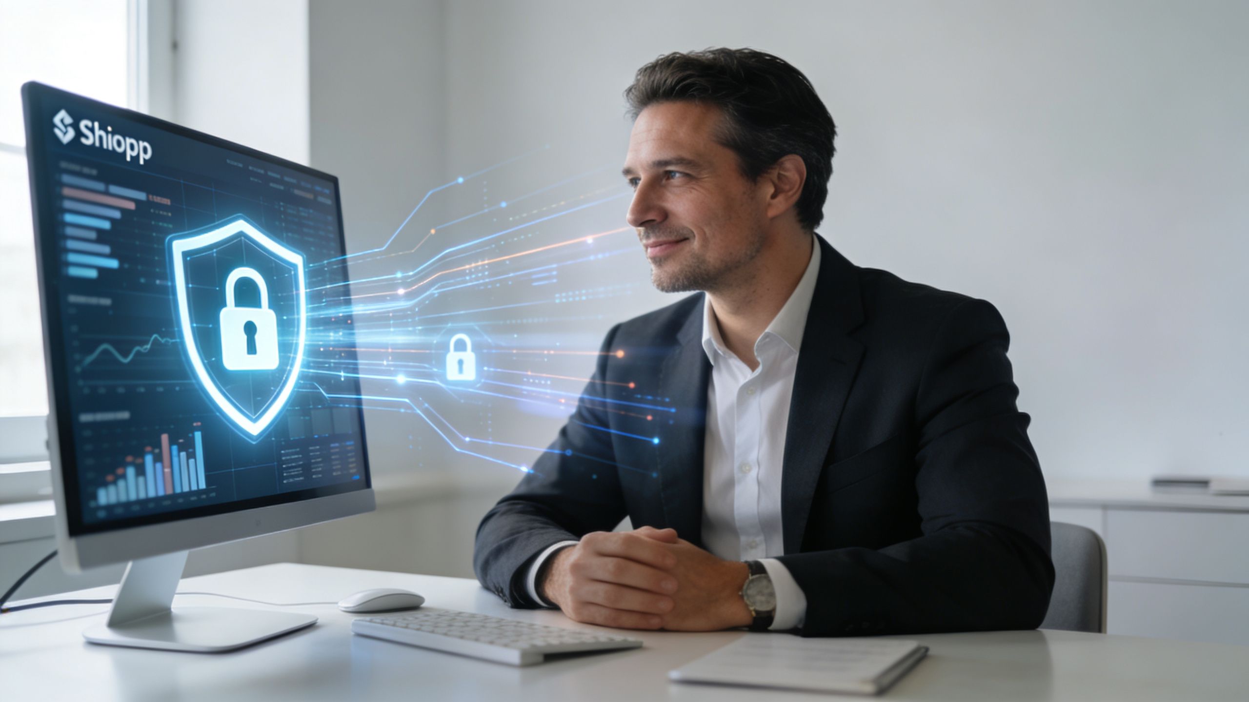 A professional man sitting at a desk looking at a secure digital dashboard on his computer screen.