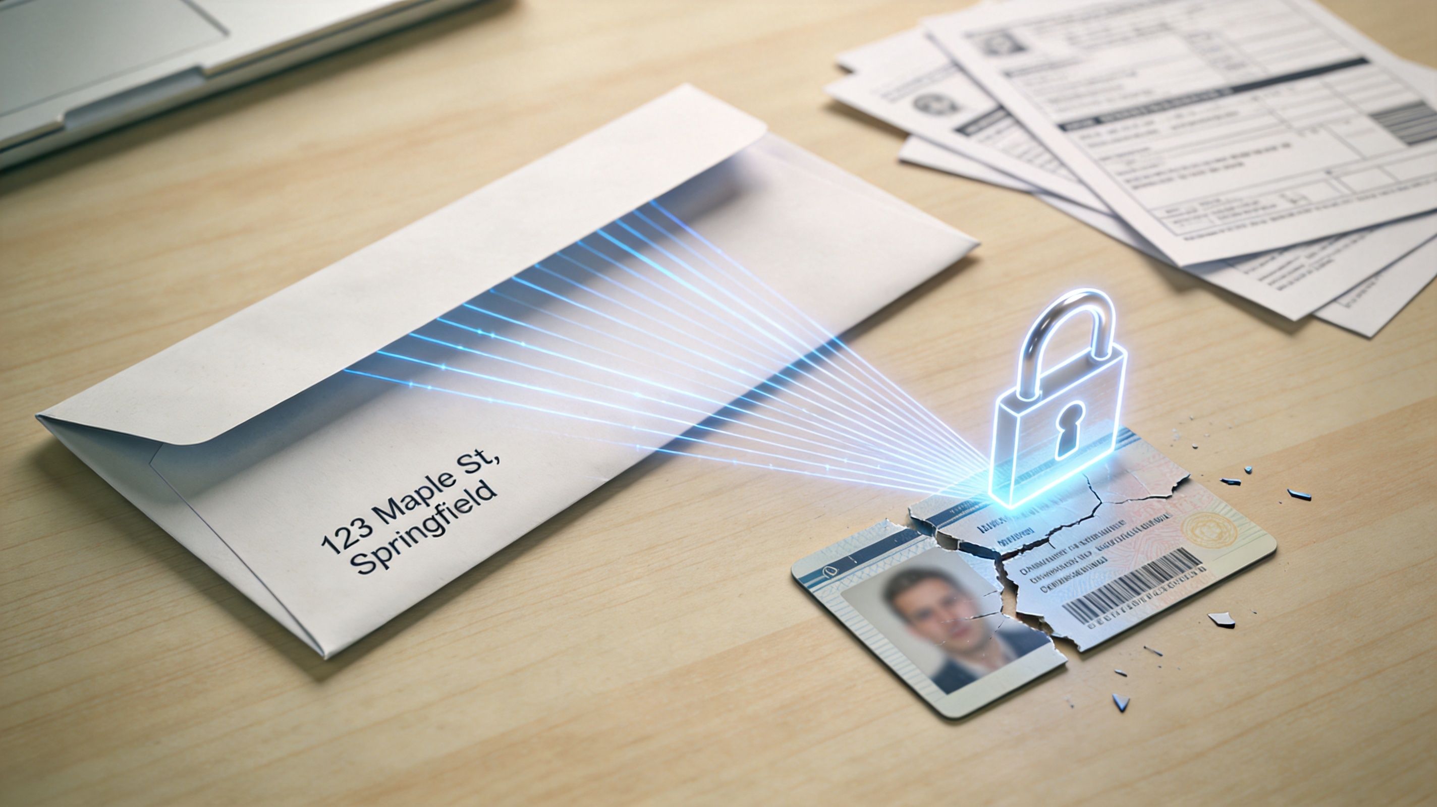 A digital graphic depicting an envelope and a broken identification card secured by a holographic padlock.