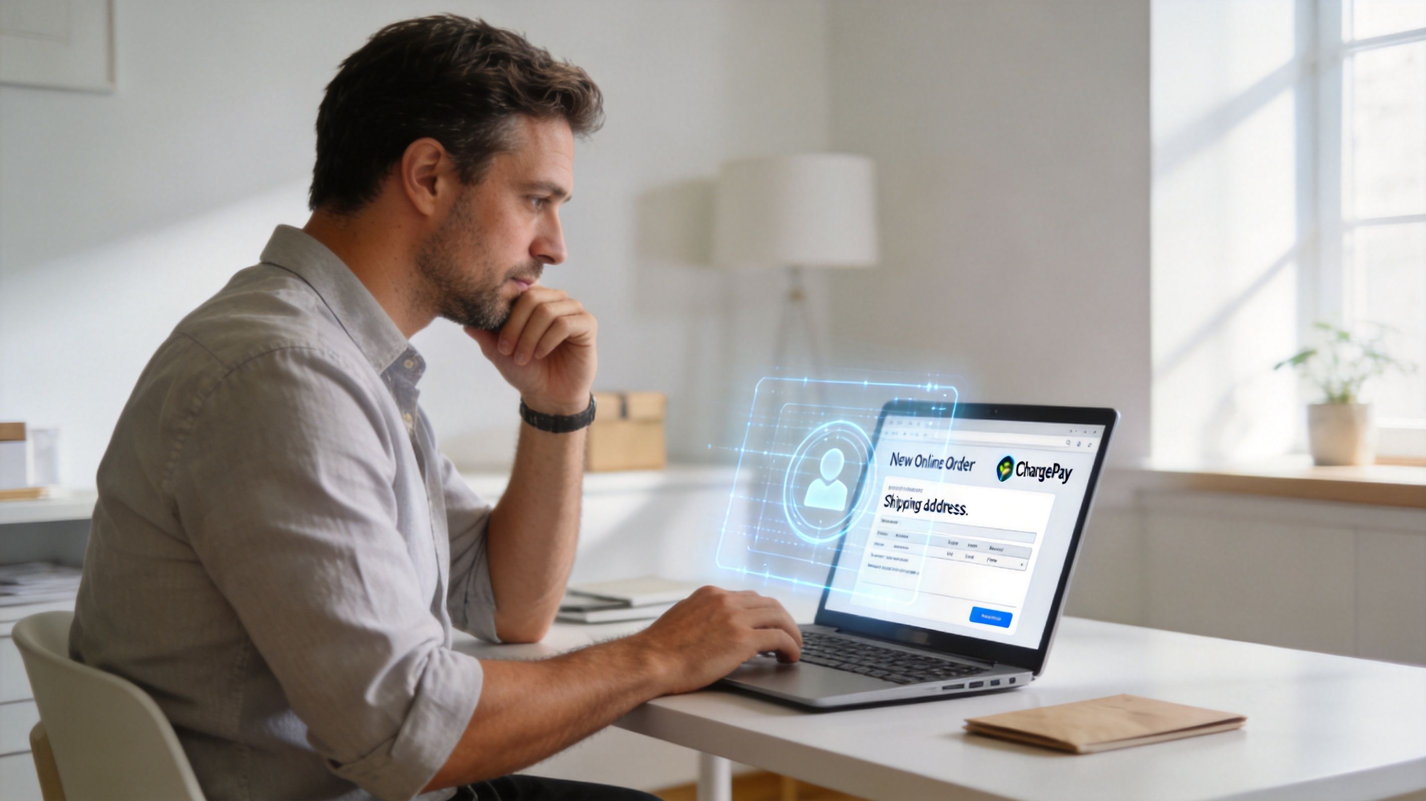 A man sits at a desk and uses a laptop, representing secure online shopping and digital payments.