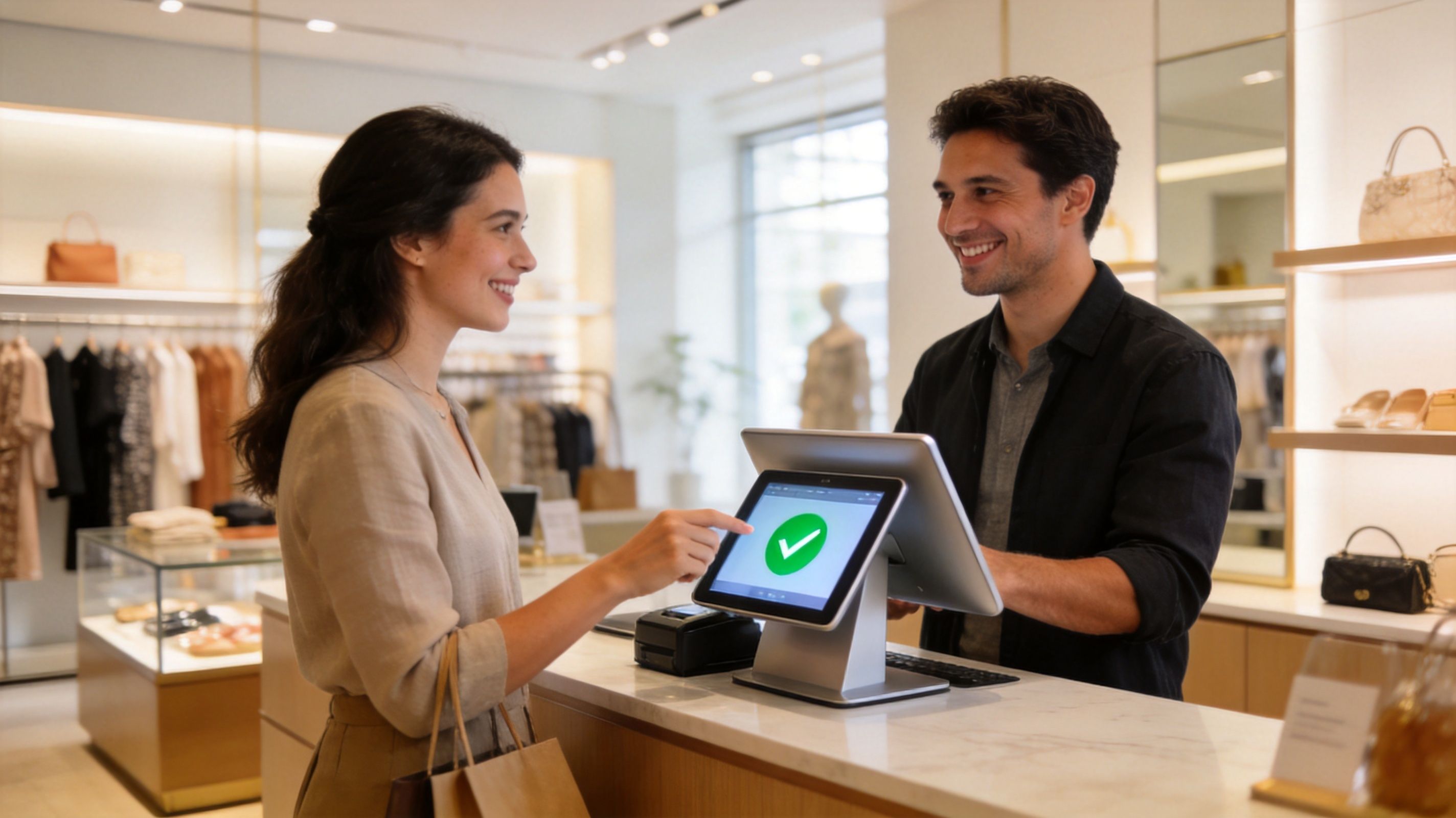 A smiling customer completing a contactless payment with a digital terminal in a high-end clothing store.