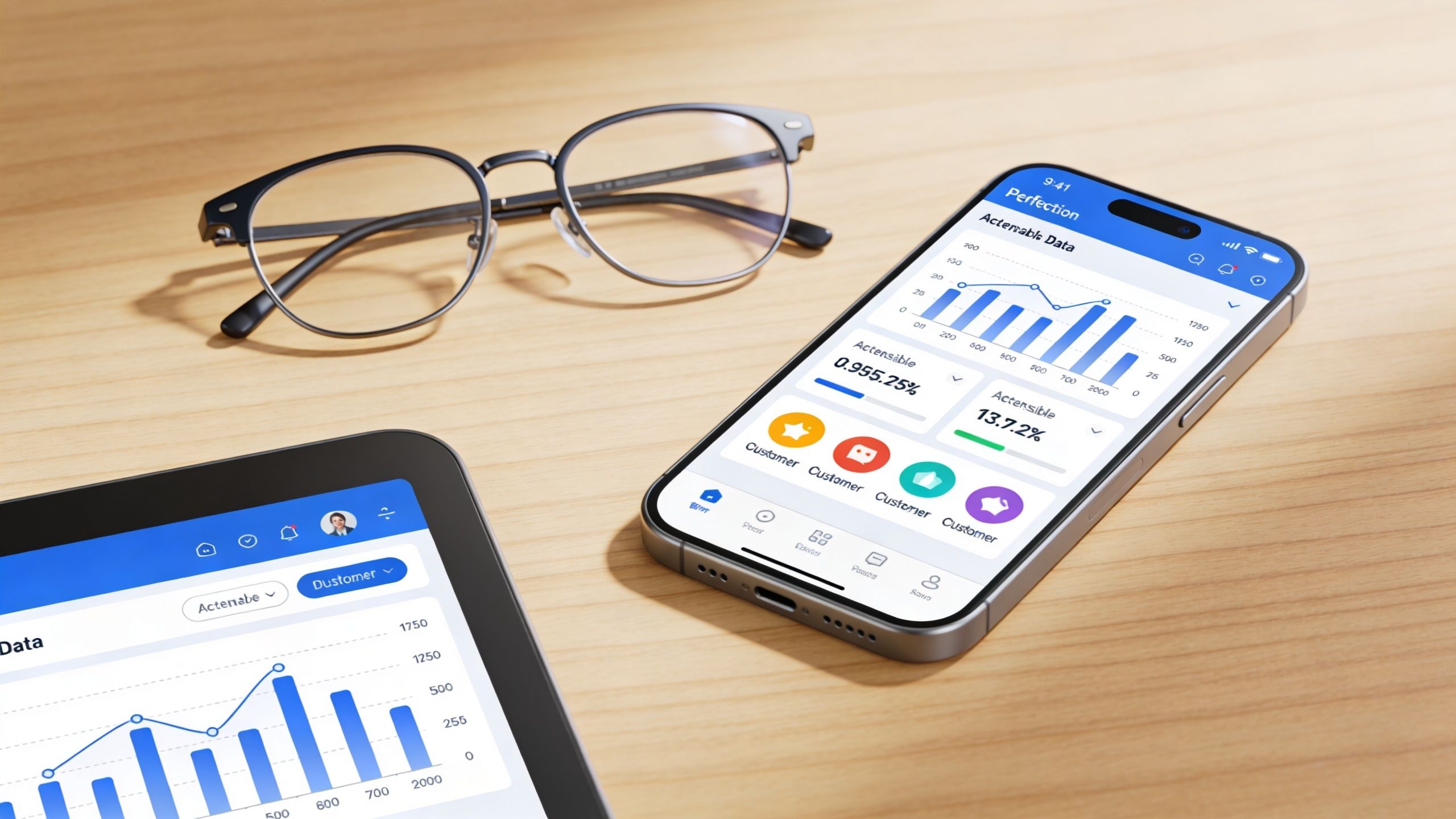 A smartphone and tablet displaying business analytics dashboards alongside a pair of eyeglasses on a wooden table.