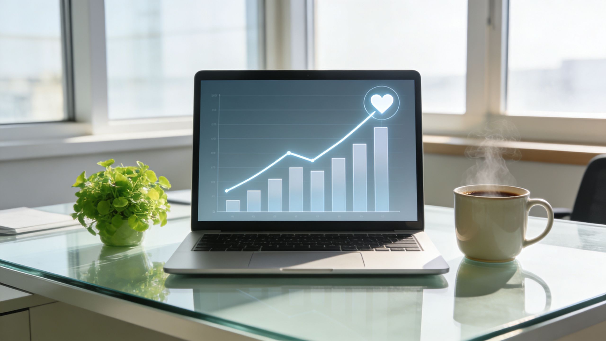 A laptop on a desk showing a growing bar graph with a heart icon above it.