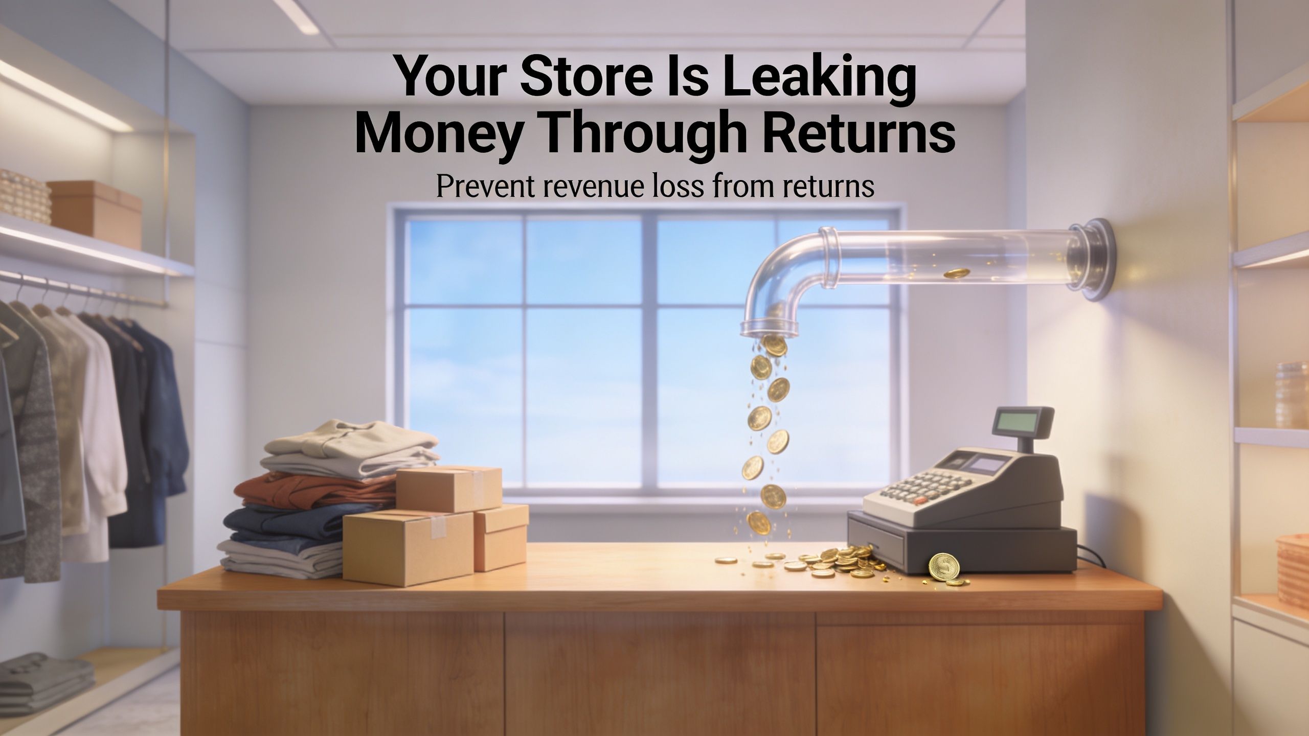 A visual concept showing golden coins falling from a pipe onto a retail counter, representing store revenue loss.