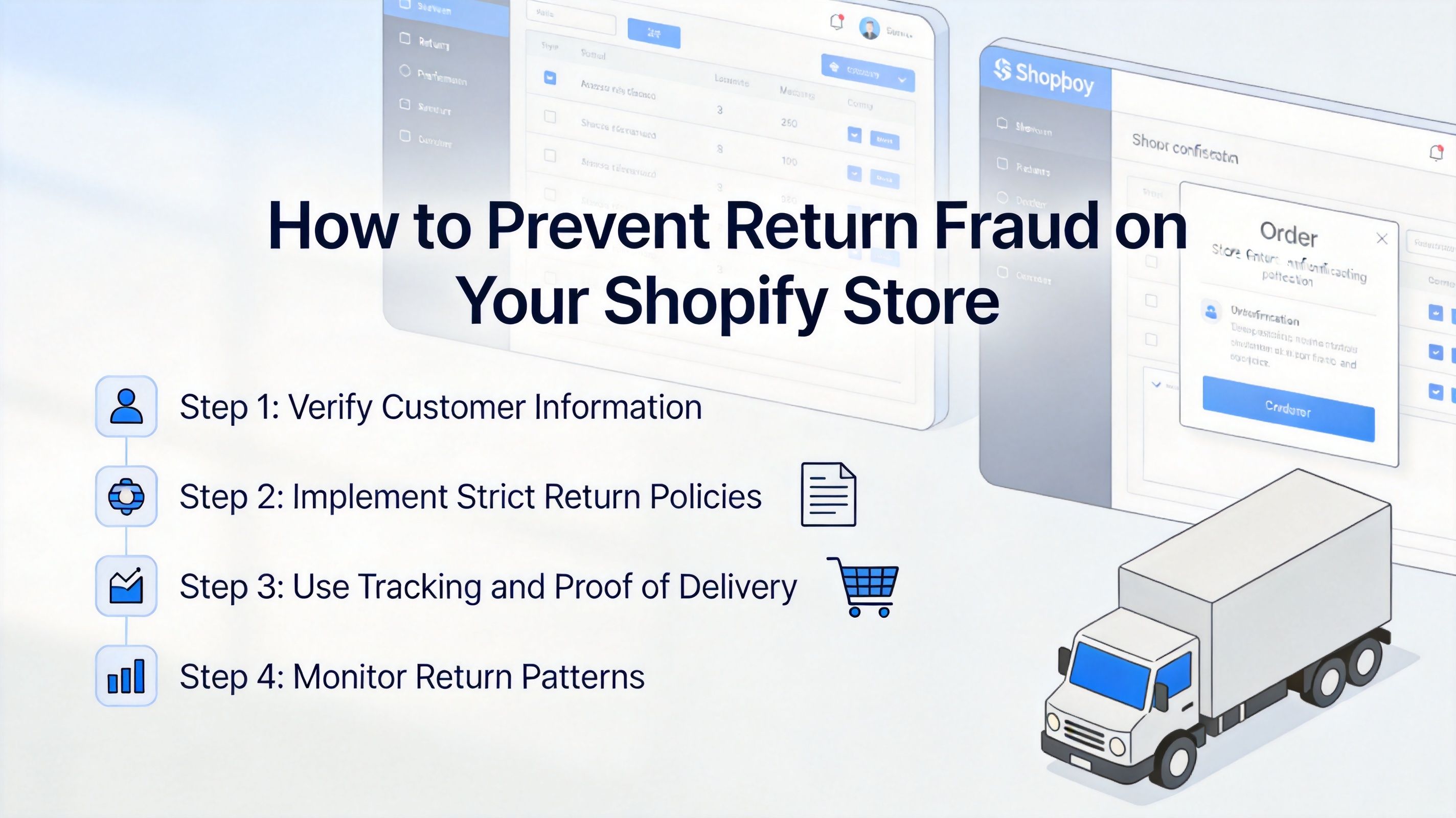 An infographic titled How to Prevent Return Fraud on Your Shopify Store listing four essential security steps.