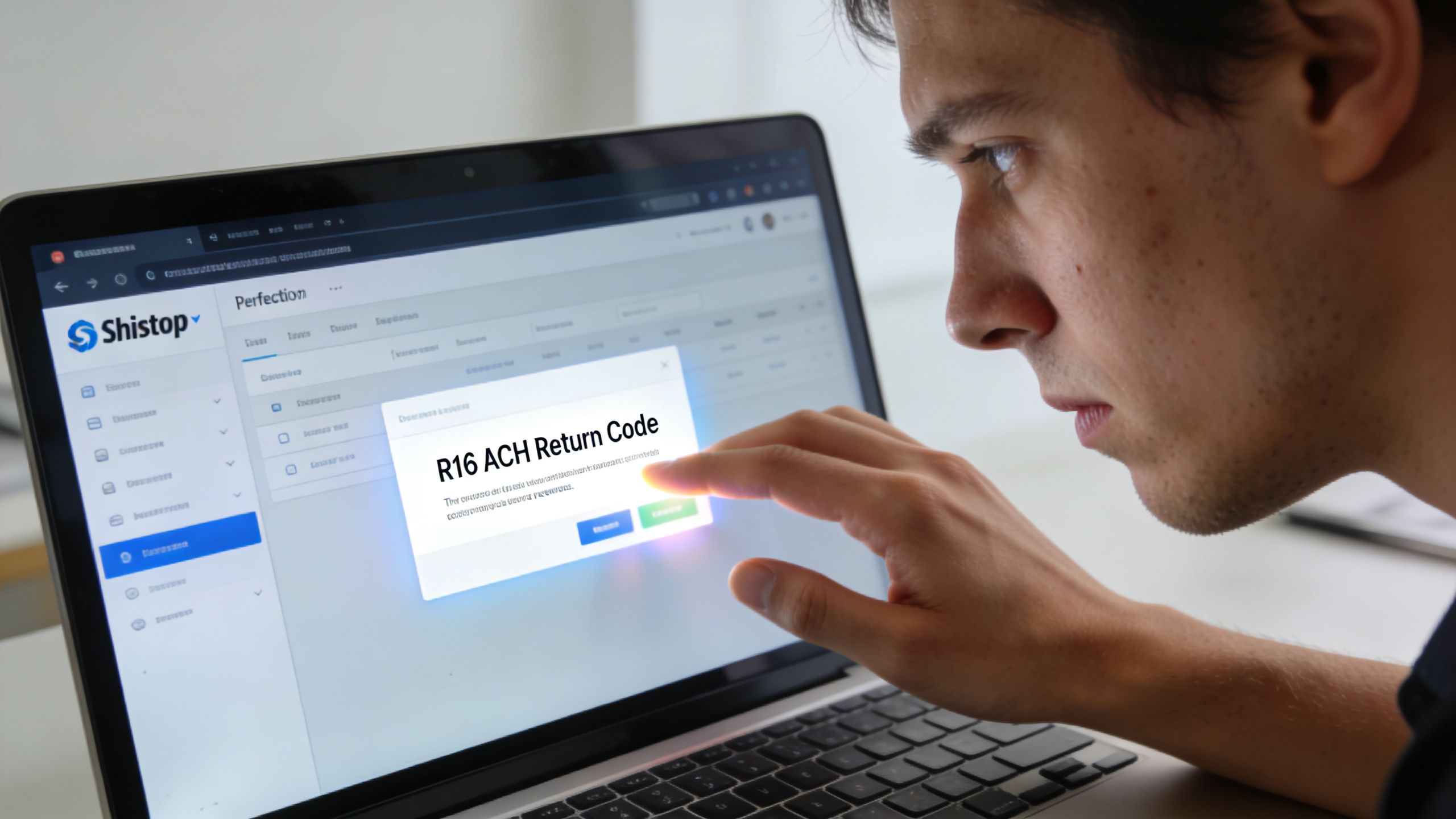 A focused man looking at an R16 ACH return code error message on his laptop screen.