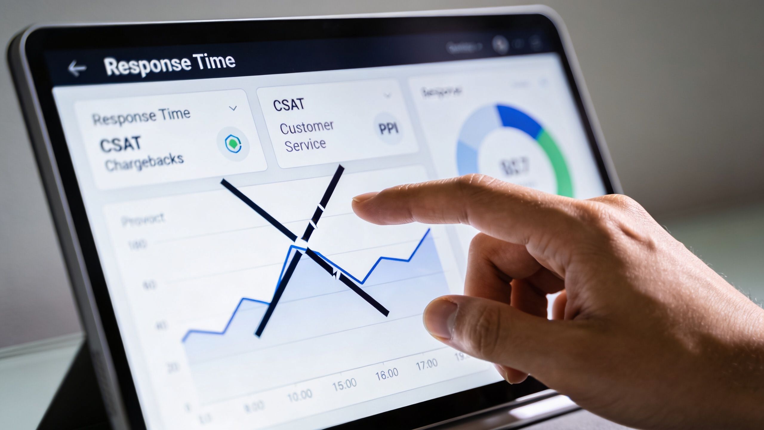 A professional analyzing customer service performance metrics on a tablet screen with an interactive data dashboard.