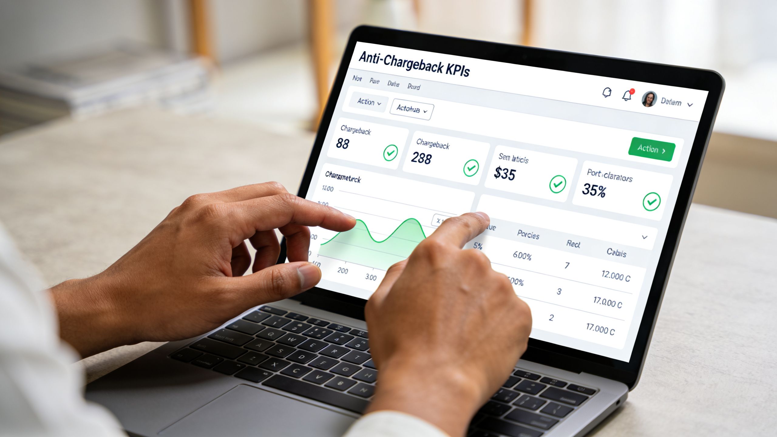 A person analyzing business dashboard analytics and chargeback KPIs on a laptop screen.