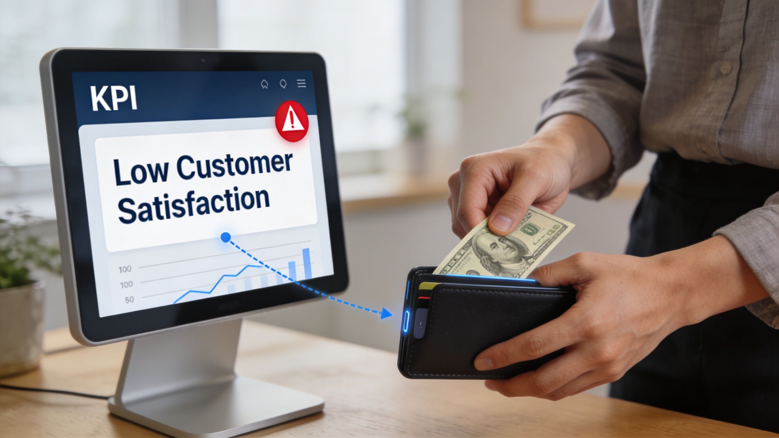 A person holding a wallet with cash next to a computer screen showing low customer satisfaction KPIs.
