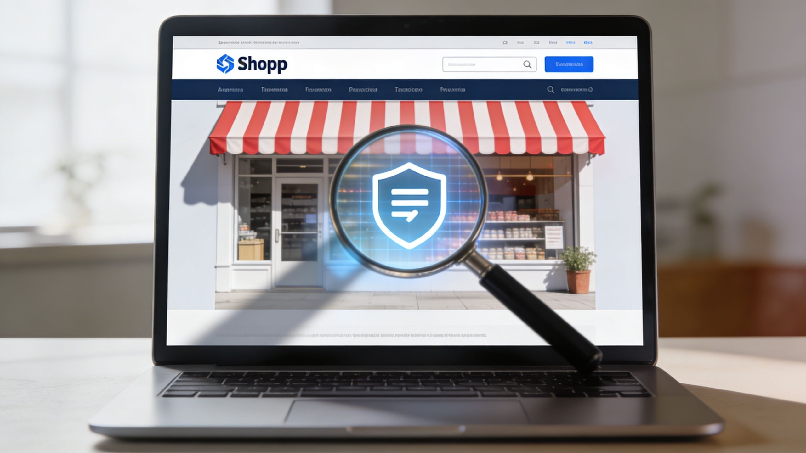 A laptop screen displaying a storefront website with a magnifying glass examining a security shield icon.