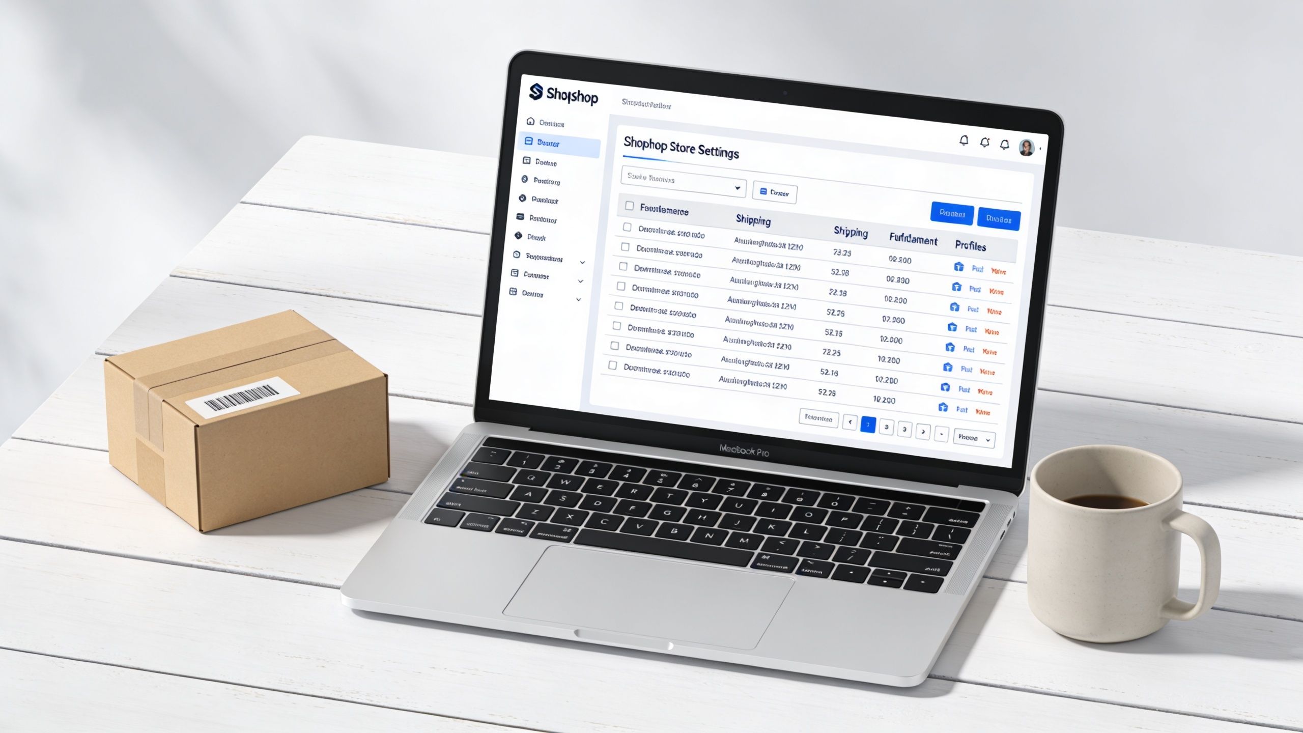 A MacBook Pro on a desk showing Shop-shop order fulfillment software with a cardboard shipping box and coffee.