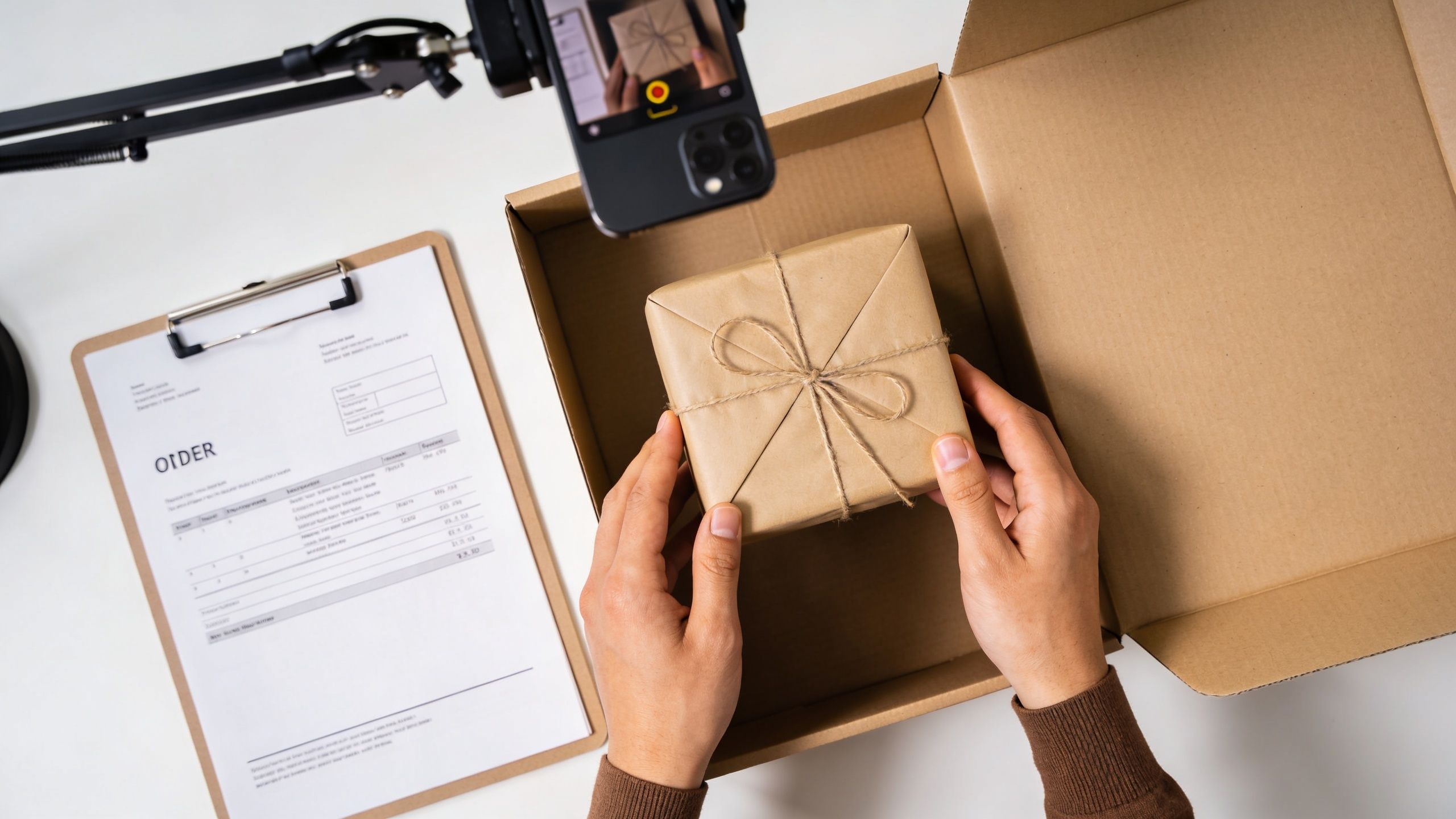 A person packing a gift box into a shipping carton while recording the process with a smartphone.